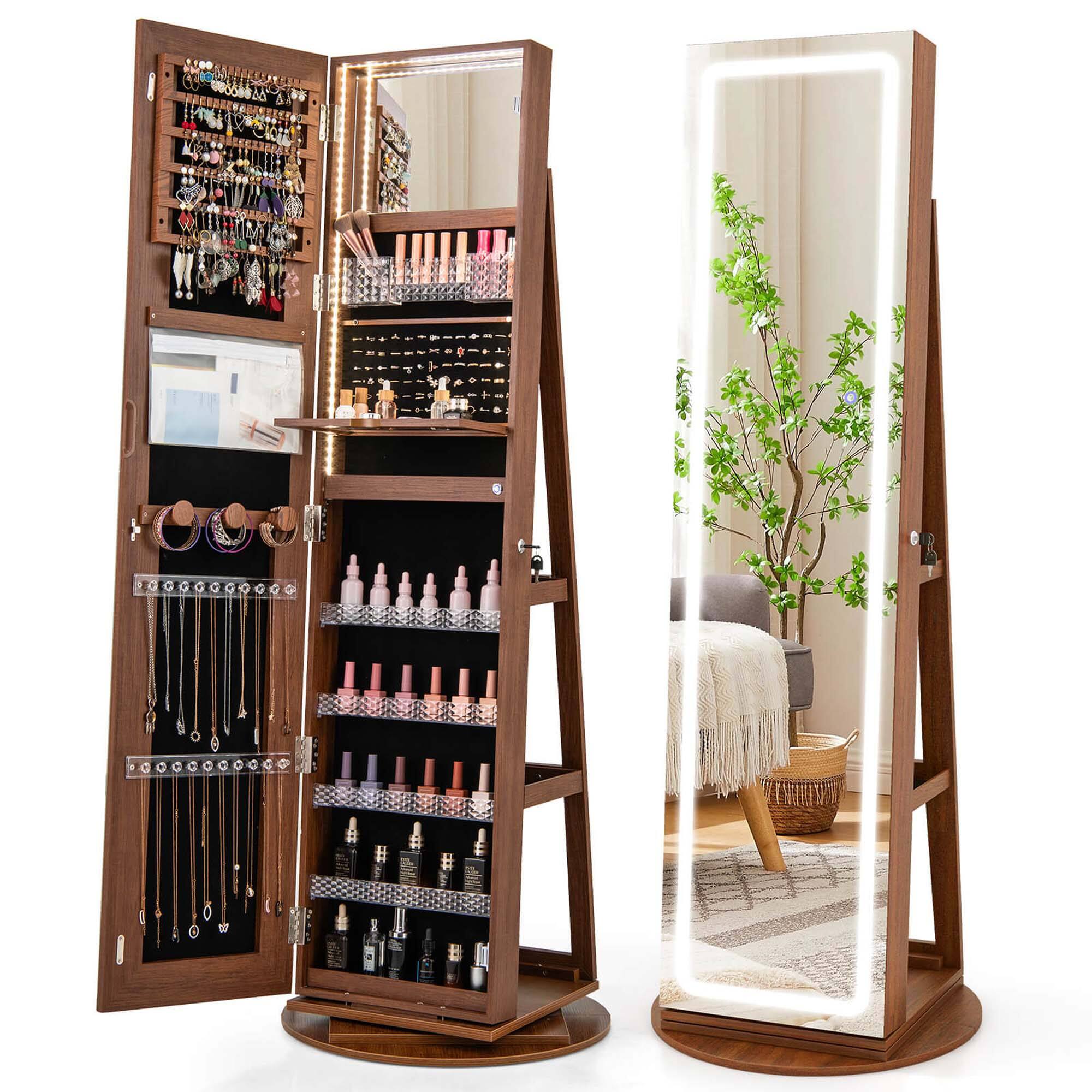 Costway - 360° Swivel Jewelry Cabinet Organizer 3-Color LED Mirror with Built-in Lights - Brown