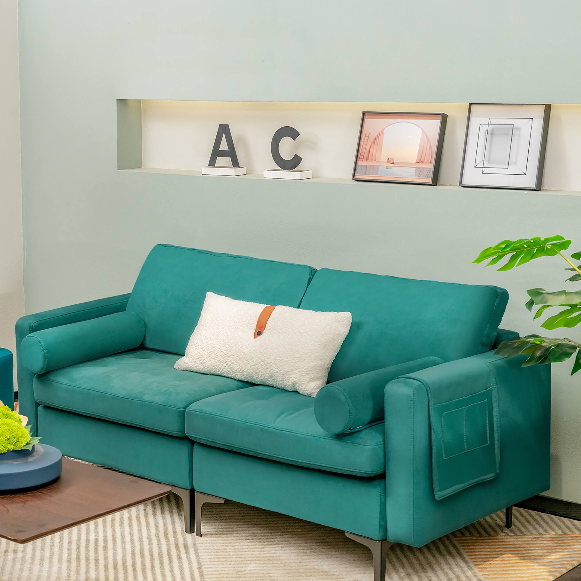 Alt View 2. Costway - Costway Modern Loveseat 2-Seat Sofa Couch w/ 2 Bolsters Side Storage Pocket Teal - Teal.