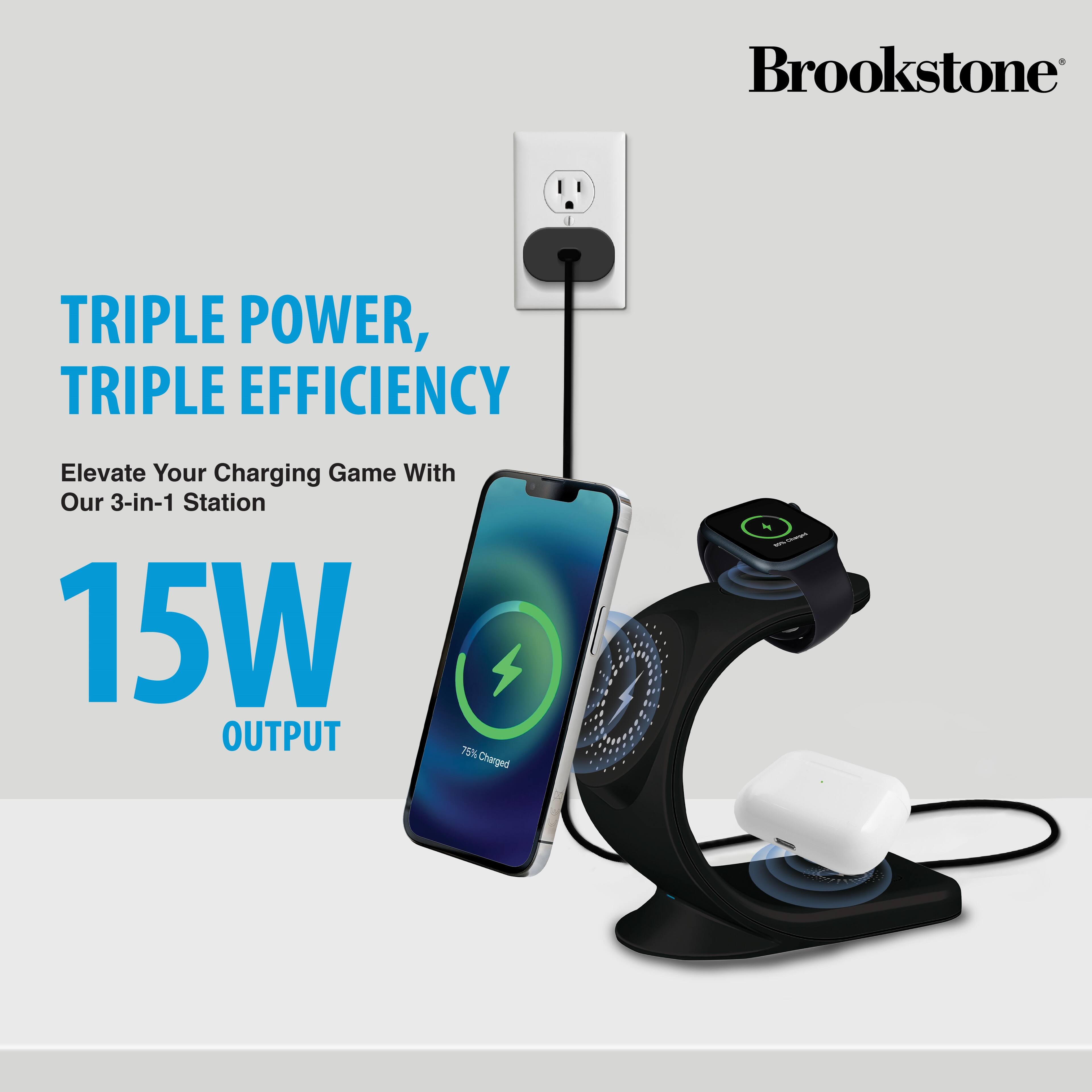 Brookstone TRIPLE POWER, TRIPLE EFFICIENCY Elevate Your Charging Game With Our 3-in-1 Station 15W OUTPUT