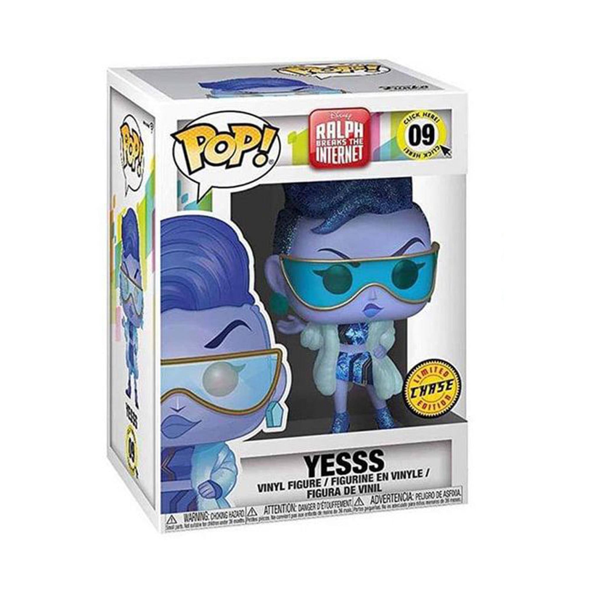 Sure, here is the corrected and grouped text from the image:

---

**Top Left:**
- POP!

**Top Center:**
- Ralph Breaks the Internet
- 09

**Top Right:**
- CLICK HERE
- LIMITED EDITION
- CHASE

**Center:**
- YESSS
- VINYL FIGURE / FIGURINE EN VINYLE / FIGURA DE VINIL

**Bottom Center:**
- DANGER OF CHOKING HAZARD - SMALL PARTS. NOT FOR CHILDREN UNDER 3 YEARS.
- ADVERTENCIA: PEQUEÑOS PIEZAS. NO APTO PARA MENORES DE 3 AÑOS.
- ATTENTION: RISQUE DE SOUFFLENEMENT - PIÈCES PETITES. NE PAS LAISSER ENFANTS DE MOINS DE 3 ANS.

**Bottom Left:**
- WARNING: CHOKING HAZARD - SMALL PARTS. NOT FOR CHILDREN UNDER 3 YEARS.

**Bottom Right:**
- 0-006

---