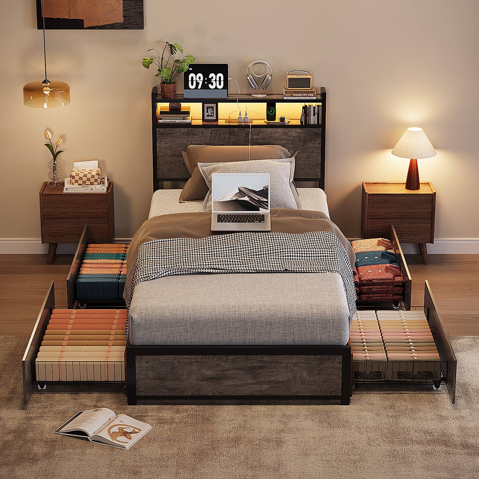 Alt View 7. Winado - Bed Frame Twin Size with 4 Storage Drawers and Storage Headboard Metal Platform with Charging Station and LED Lights - Wash Gray.