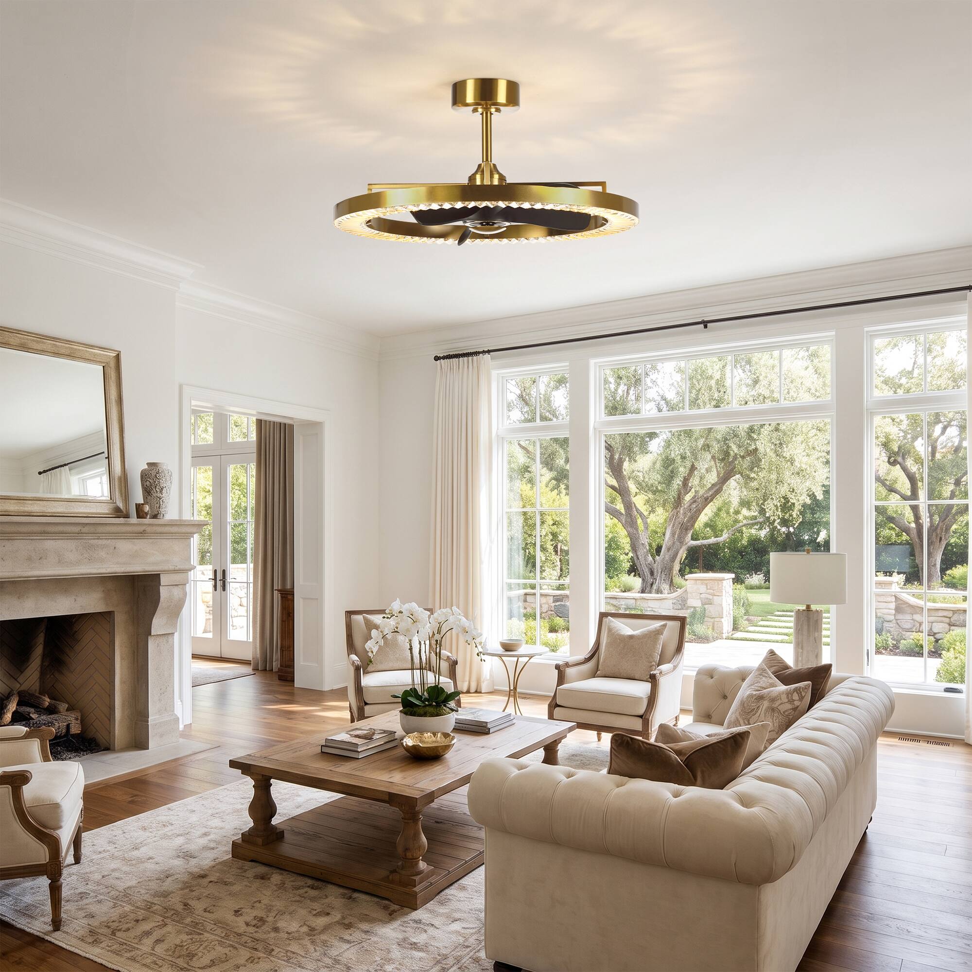 Angle. Parrot Uncle - 32 Inch Crystal LED DC Motor Dimmable Ceiling Fan Caged Bladeless Fan with Remote and 6 Speeds - Gold.