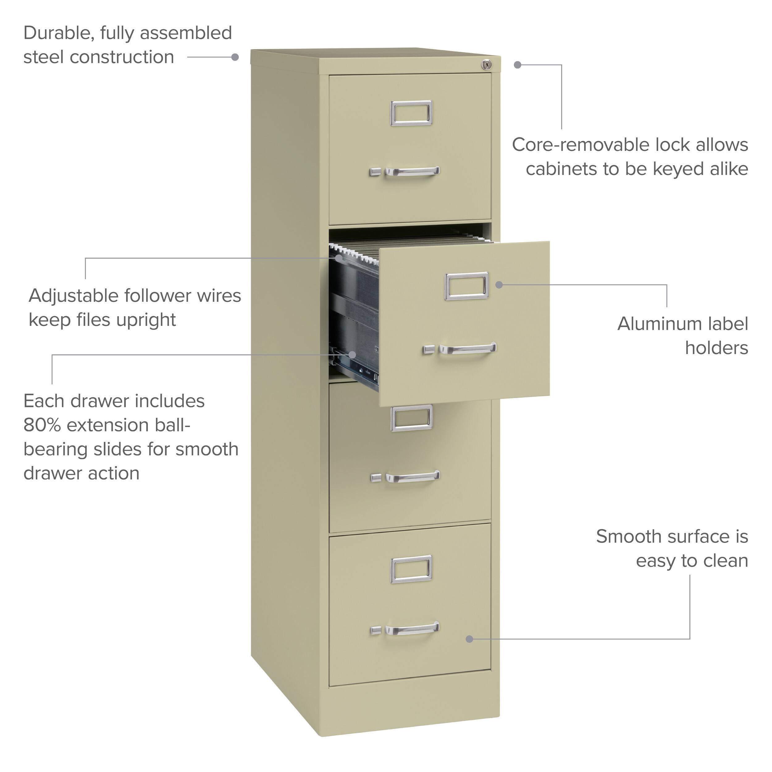 - Durable, fully assembled steel construction
- Core-removable lock allows cabinets to be keyed alike
- Adjustable follower wires keep files upright
- Aluminum label holders
- Each drawer includes 80% extension ball-bearing slides for smooth drawer action
- Smooth surface is easy to clean