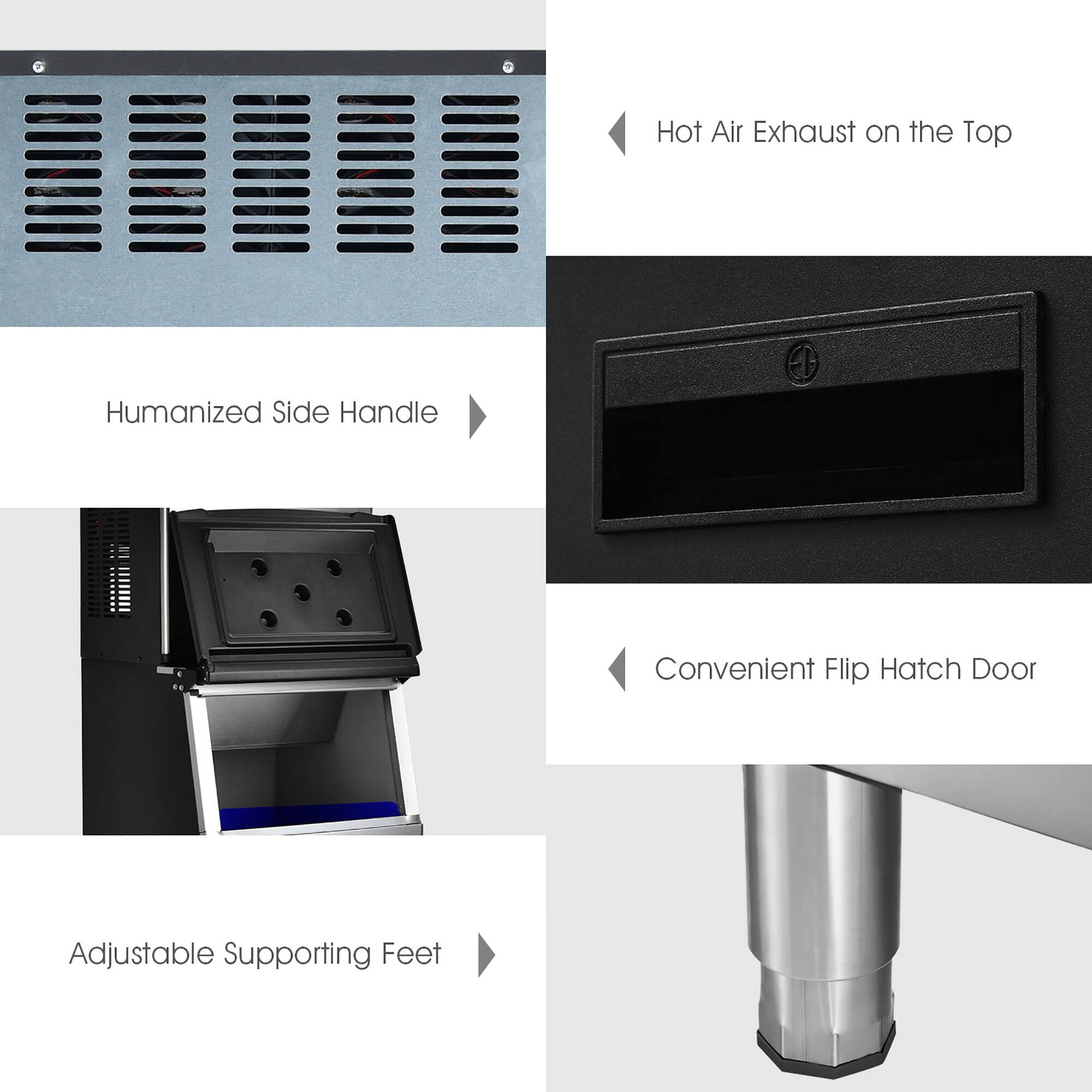 Hot Air Exhaust on the Top, Humanized Side Handle, Convenient Flip Hatch Door, Adjustable Supporting Feet.