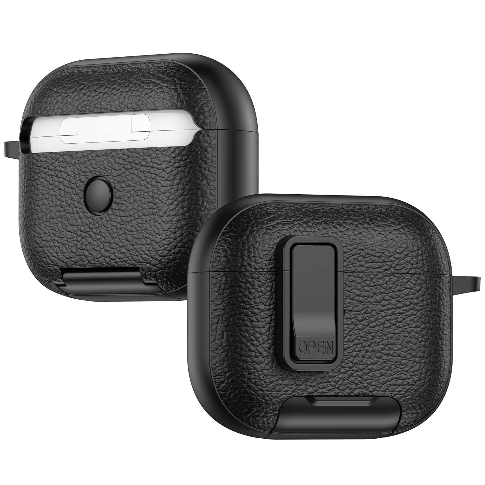 Angle. Dteck - Earphone Case for Apple AirPods 3rd Gen (2021) with Phone Holder & Keychain,Leather Texture Earbuds Cover for Man Women - Pink.