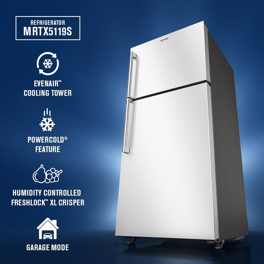 REFRIGERATOR  
MRTX5119S  

- EVENAIR™ COOLING TOWER  
- POWERCOLD® FEATURE  
- HUMIDITY CONTROLLED FRESHLOCK™ XL CRISPER  
- GARAGE MODE