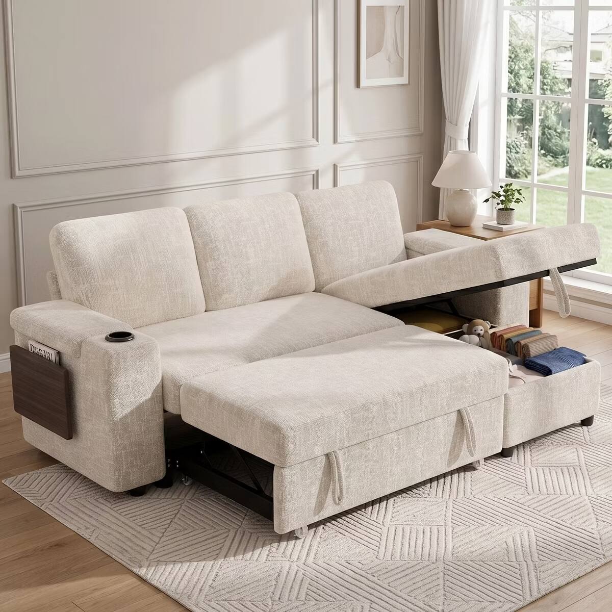 Front. Dyonery - 85" Beige Chenille Modular 3-seater L-shaped Sectional Sleeper Sofa Bed with Pull Out Bed,USB Ports,Cup Holders - Beige.