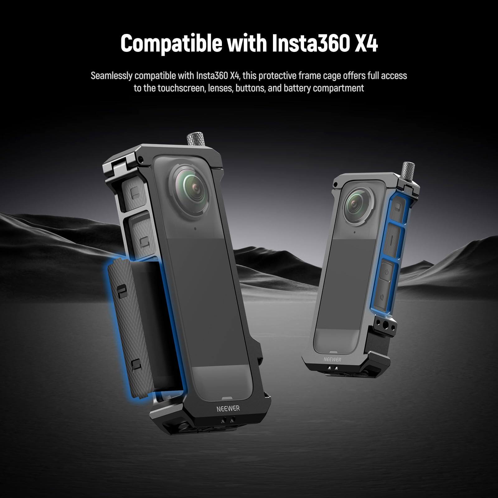 Compatible with Insta360 X4

Seamlessly compatible with Insta360 X4, this protective frame cage offers full access to the touchscreen, lenses, buttons, and battery compartment.