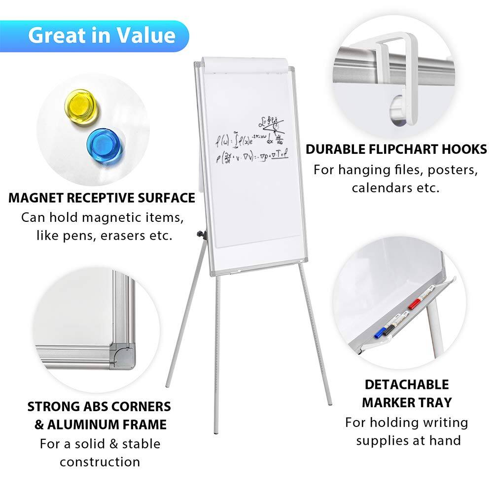 Great in Value

- MAGNET RECEPTIVE SURFACE
  Can hold magnetic items, like pens, erasers etc.

- DURABLE FLIPCHART HOOKS
  For hanging files, posters, calendars etc.

- STRONG ABS CORNERS & ALUMINUM FRAME
  For a solid & stable construction

- DETACHABLE MARKER TRAY
  For holding writing supplies at hand
