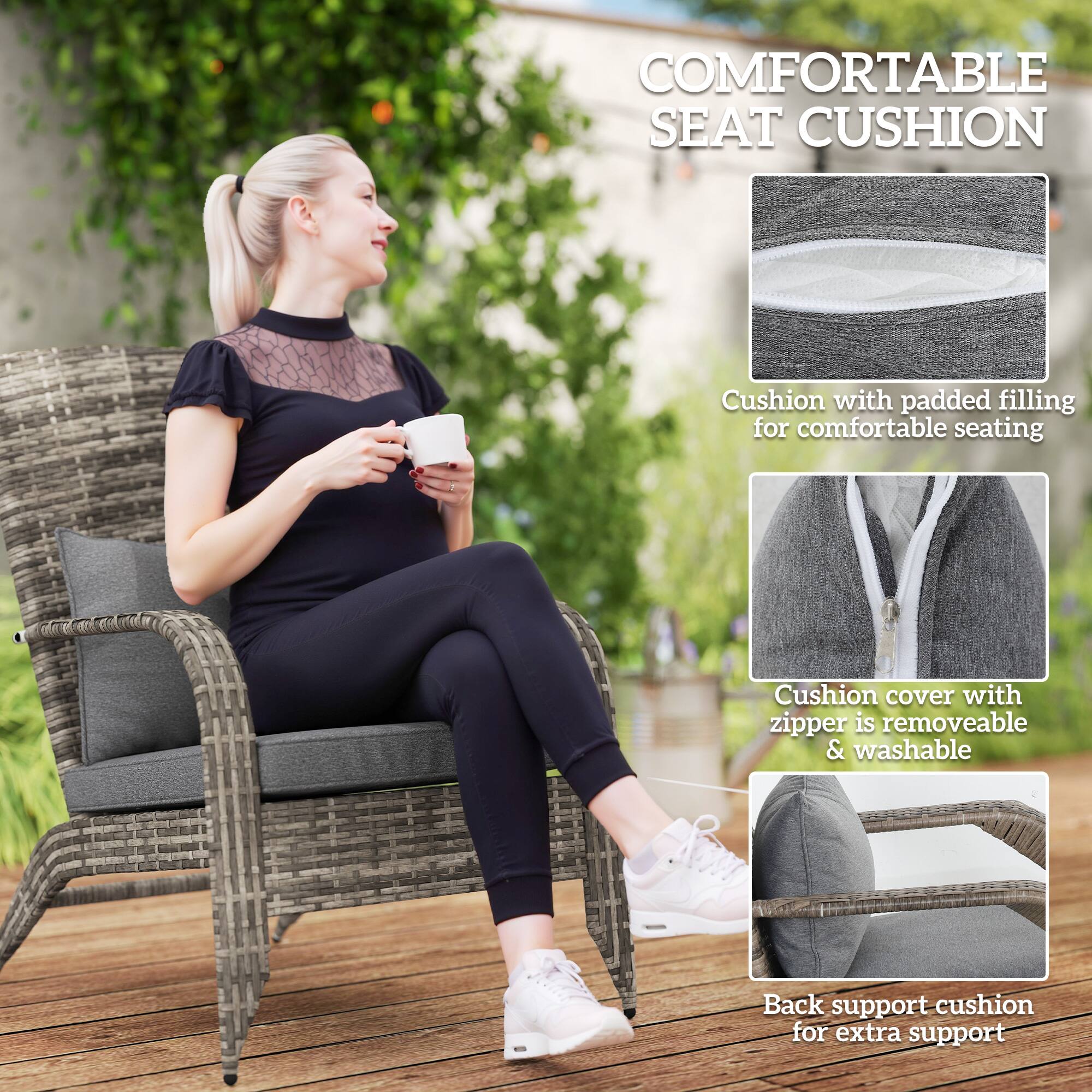 **COMFORTABLE SEAT CUSHION**

- Cushion with padded filling for comfortable seating
- Cushion cover with zipper is removable & washable
- Back support cushion for extra support