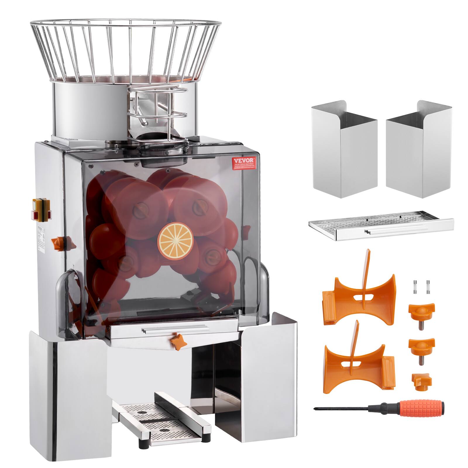 Front. VEVOR - Commercial Orange Juicer Machine, 120W Automatic Feeding Juice Extractor, Stainless Steel Juice Extractor - Orange + stainless steel.