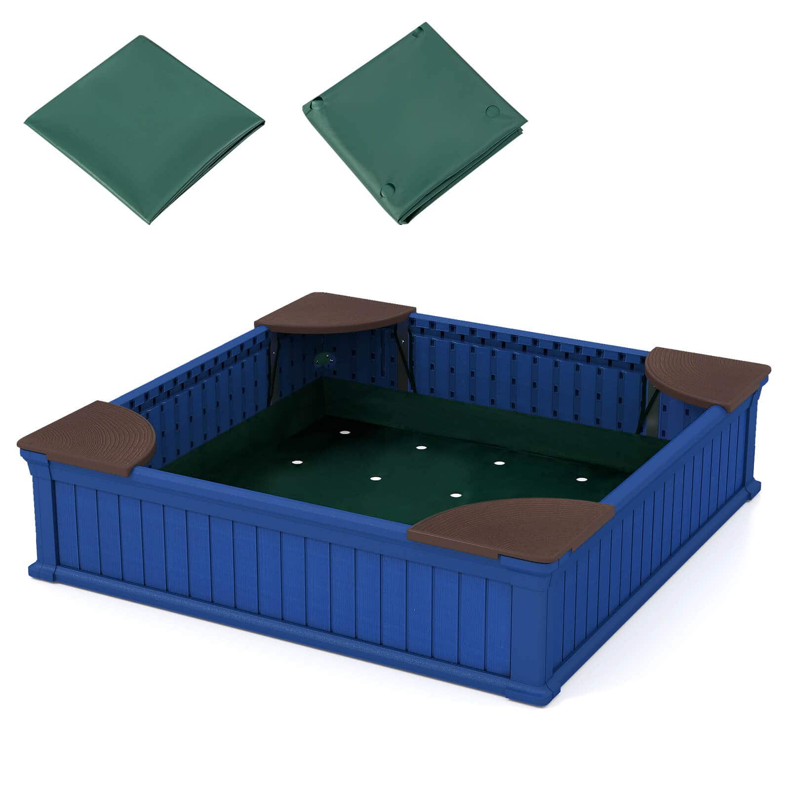 Costway - Kids Outdoor Sandbox 48.5" x 48.5" x 12.5" Large HDPE Sandpit with Oxford Cover - Navy