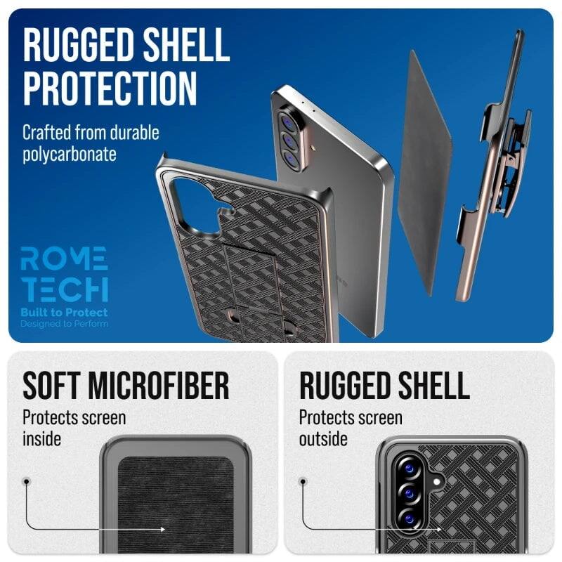 RUGGED SHELL PROTECTION  
Crafted from durable polycarbonate  

SOFT MICROFIBER  
Protects screen inside  

RUGGED SHELL  
Protects screen outside