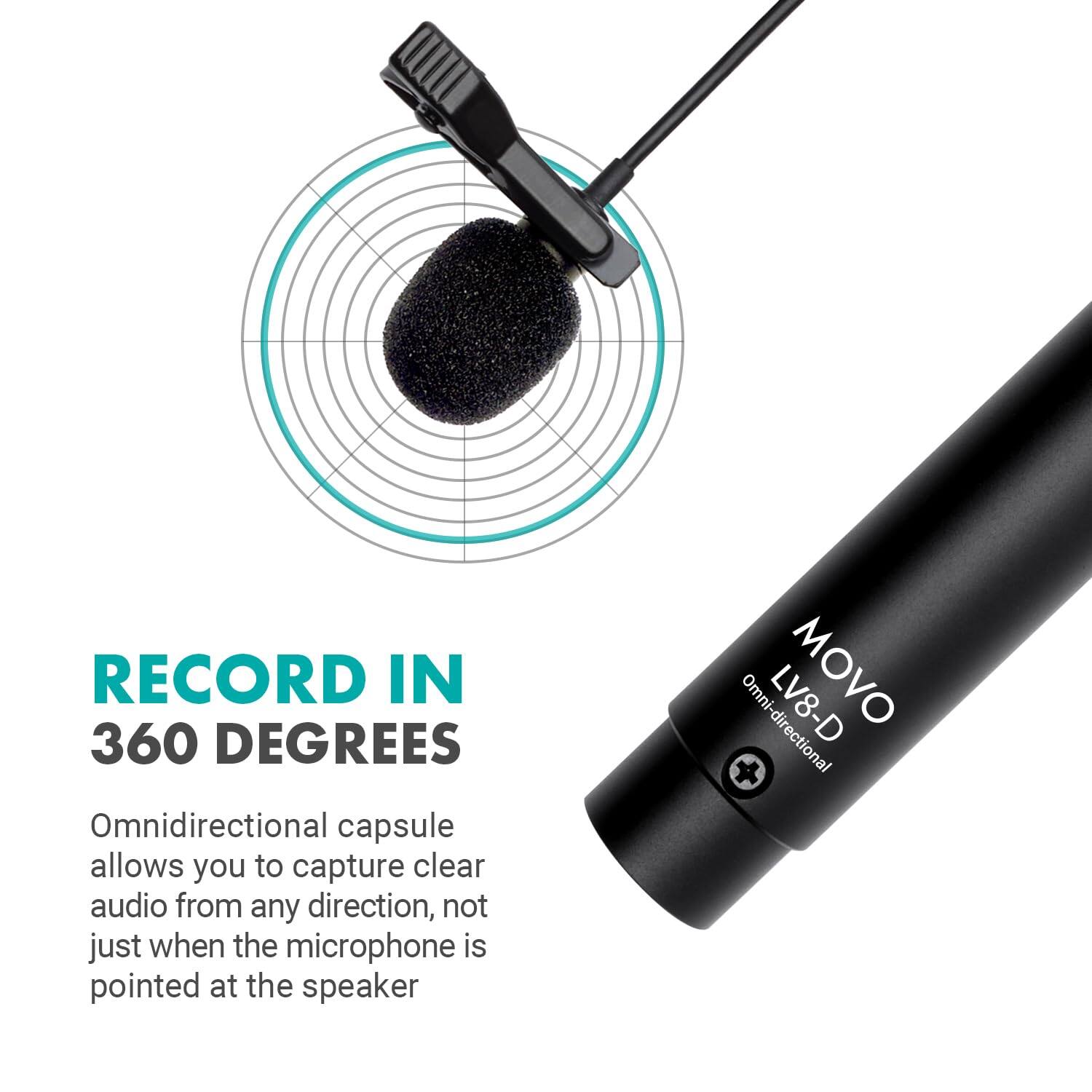 RECORD IN 360 DEGREES

Omnidirectional capsule allows you to capture clear audio from any direction, not just when the microphone is pointed at the speaker

MOVO LV8-D
Omnidirectional