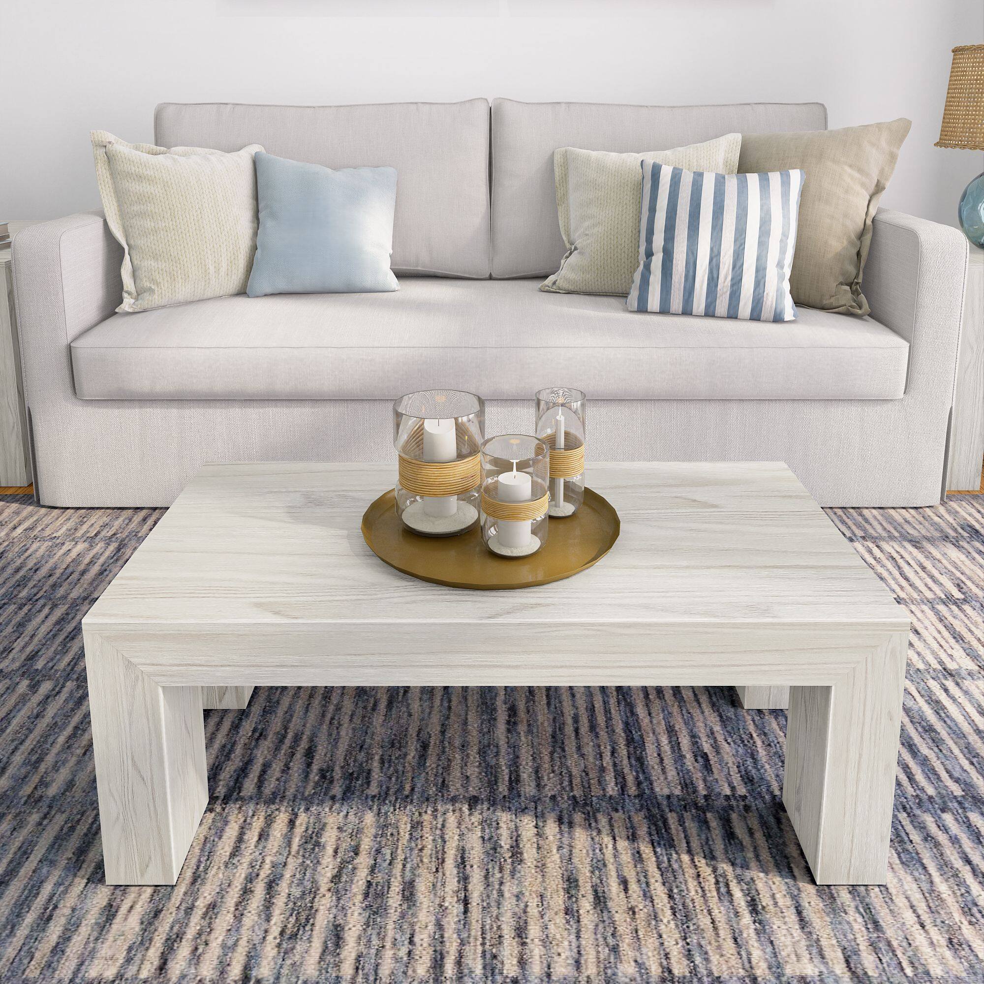 Alt View 4. Plank+Beam - Modern Rectangular Coffee Table (40in x 20in / 1020mm x 510mm), White Sand Wirebrush - White Sand Wirebrush.