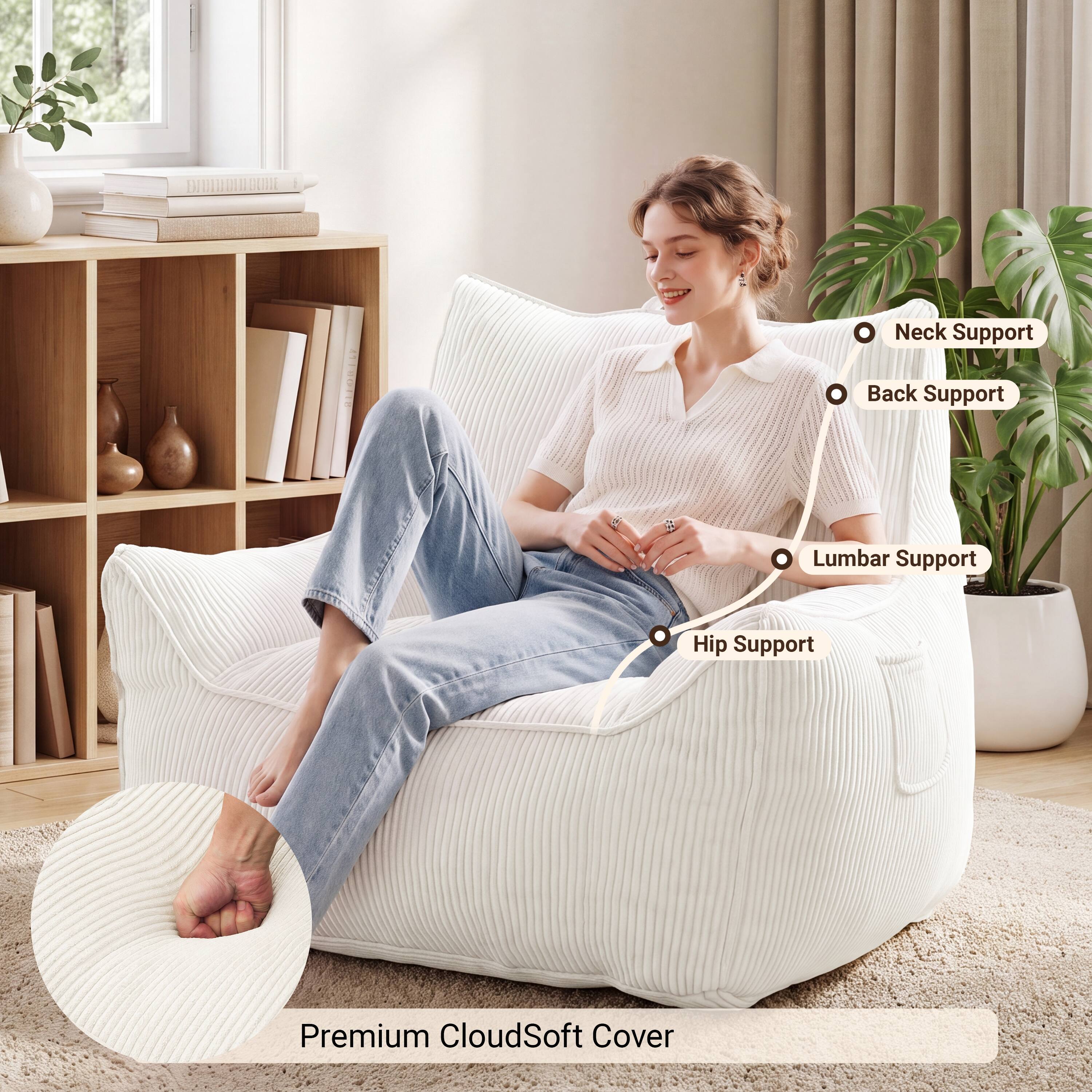 Neck Support  
Back Support  
Lumbar Support  
Hip Support  
Premium CloudSoft Cover