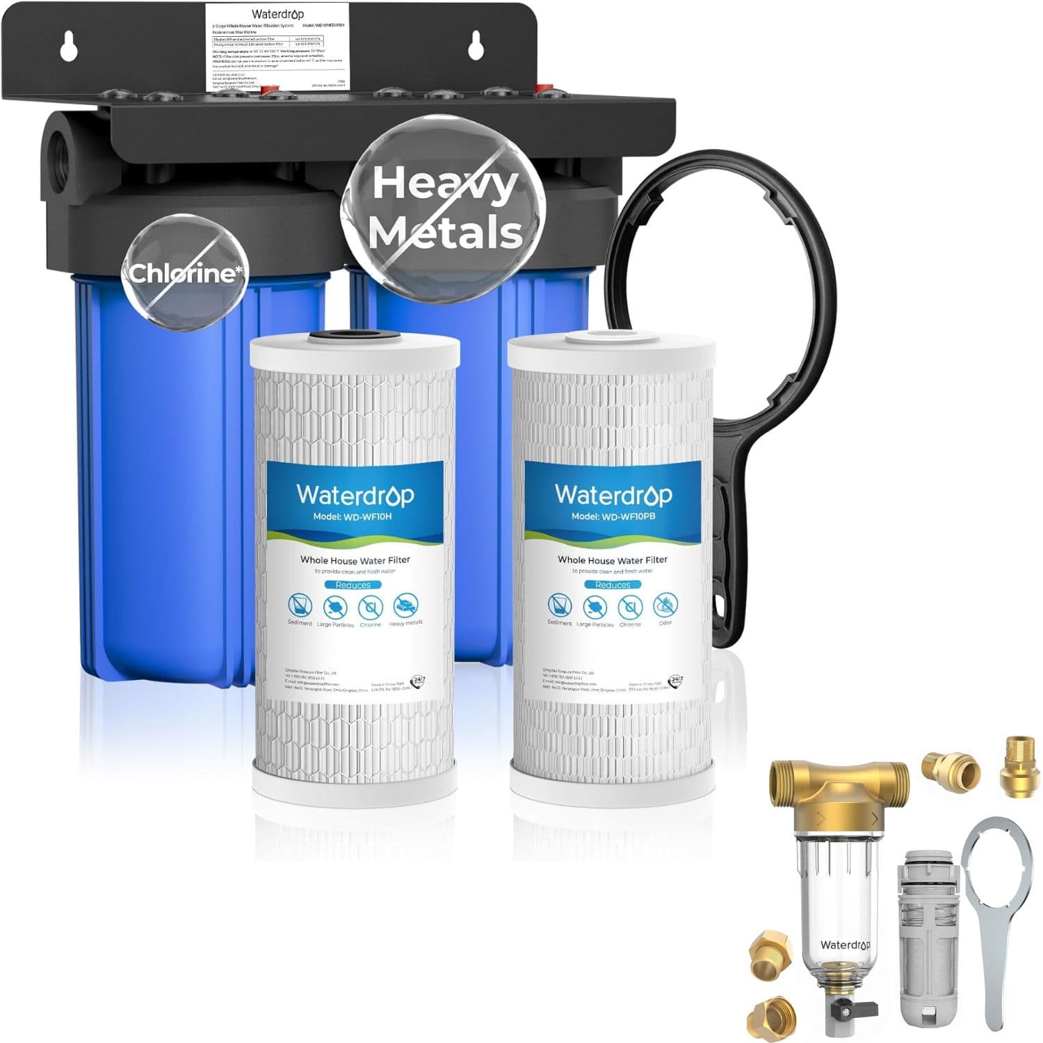 Waterdrop - WD-WHF21-PBH 2 Stage Whole House Water Filter System, with Heavy Metal Sediment Filter Extra WD-RPFK Filters - Blue