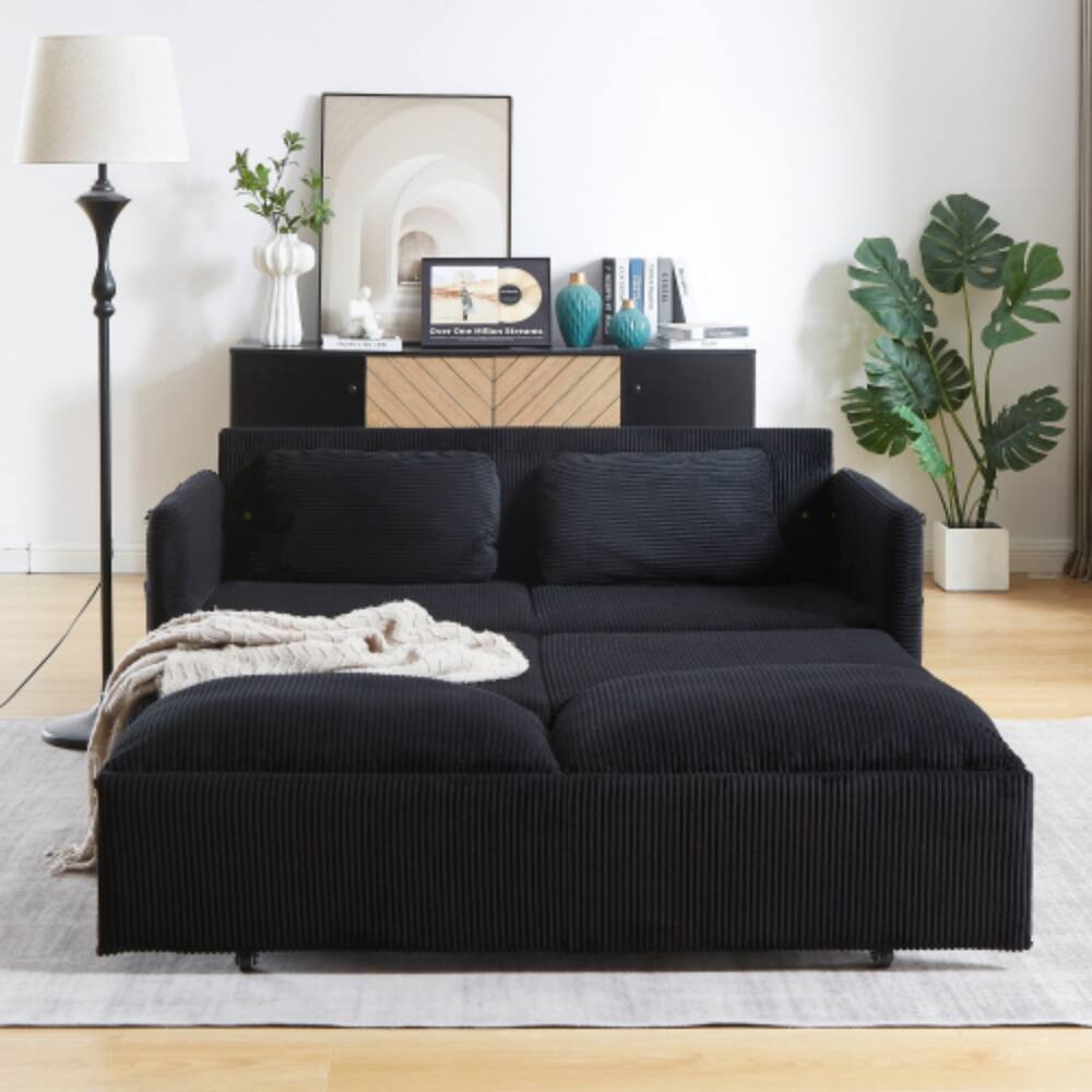 Left. LUCKY ONE - 64.5 Inch 3-in-1 Adjustable Corduroy Sleeper Sofa Bed with Pullout Bed, 2 Pillows, Side Pockets, Recliner Function - Black.
