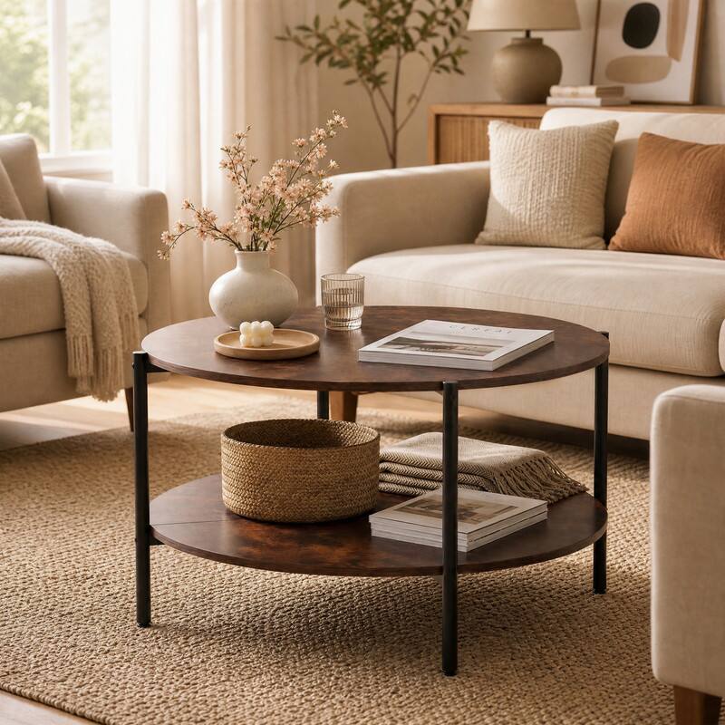 Alt View 6. WELLFOR - 2-Tier Industrial Coffee Table with Storage Shelf, Round Accent Table Center Table - Rustic Brown.