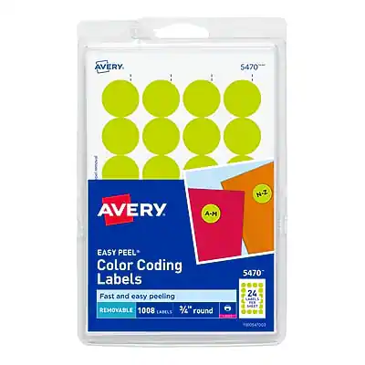 AVERY
5470
EASY PEEL Color Coding Labels
Fast and easy peeling
REMOVABLE
1008 LABELS
3/4" round
24 LABEL SHEET
5470
A-M N-Z
8:0547003