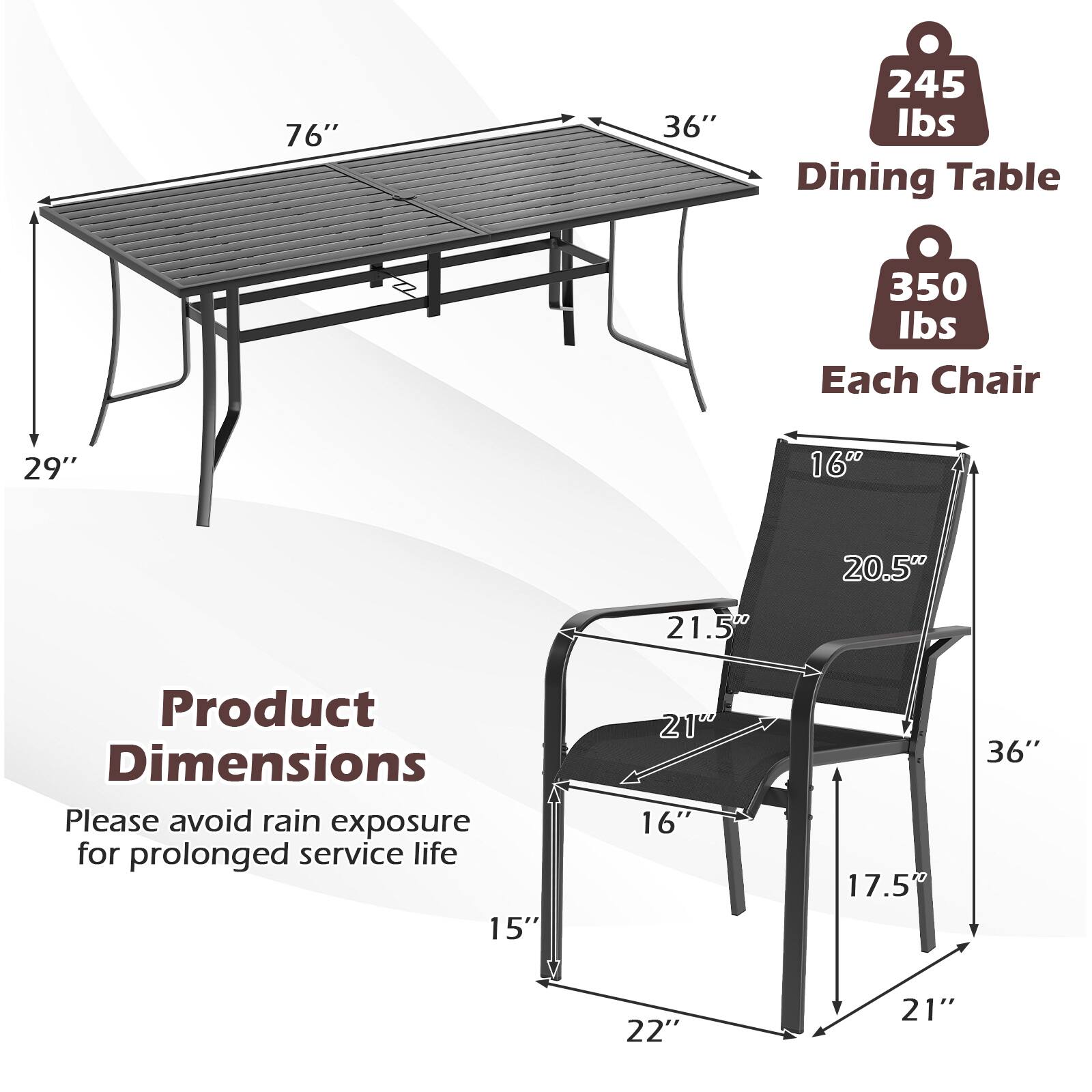 76" x 36" Dining Table (245 lbs capacity)  
Each Chair: 16" x 20.5" x 21.5" x 21" x 17.5" x 22" (350 lbs capacity)  

Product Dimensions:  
- Table: 76" x 36" x 29"  
- Chair: 16" x 20.5" x 21.5" x 21" x 17.5" x 22"  

Please avoid rain exposure for prolonged service life.
