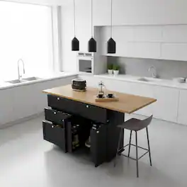 Forest'nSky - Farmhouse Kitchen Island with Drop Leaf & 2 Seats, Storage Cabinet with Drawers & Power Outlet - Black