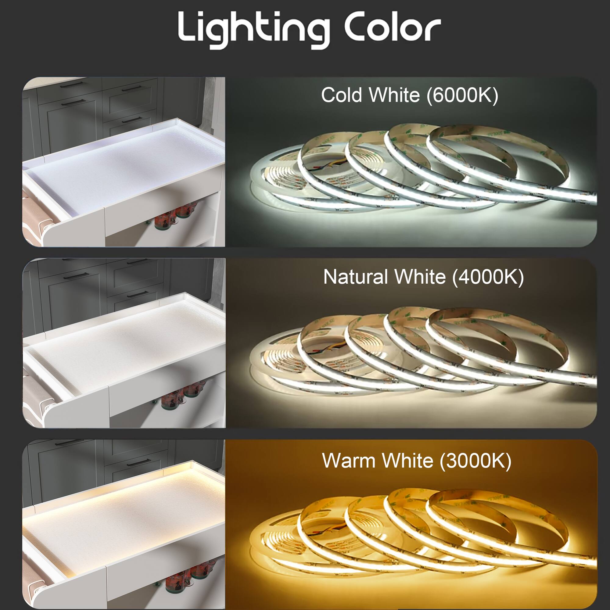 Lighting Color

- Cold White (6000K)
- Natural White (4000K)
- Warm White (3000K)
