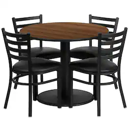 Emma + Oliver - 36" Round Laminate Table Set with 4 Ladder Back Metal Chairs - Walnut Top/Black Vinyl Seat