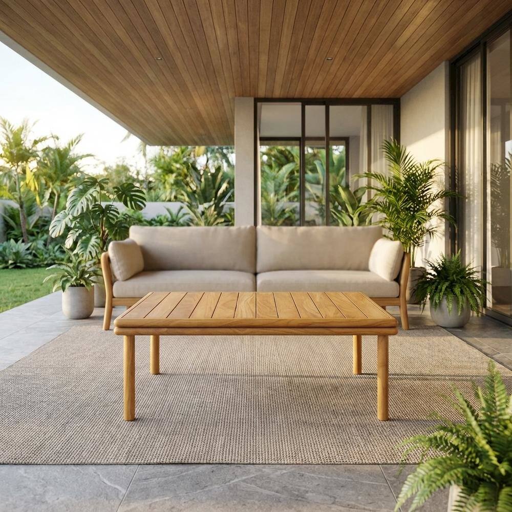Angle. Outdoor Escape - Modern Teak Wood Outdoor Coffee Table for Patio or Garden Use - Brown.