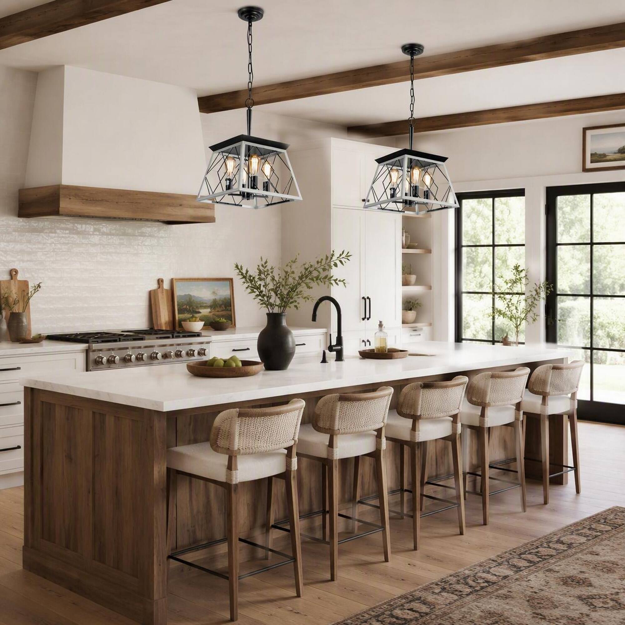 Left. RYHNUYNE - 4-Light Farmhouse Dining Room Chandelier, Square Iron Cage Oak White ORB Finish 39.37 In Adjustable Chain - White.