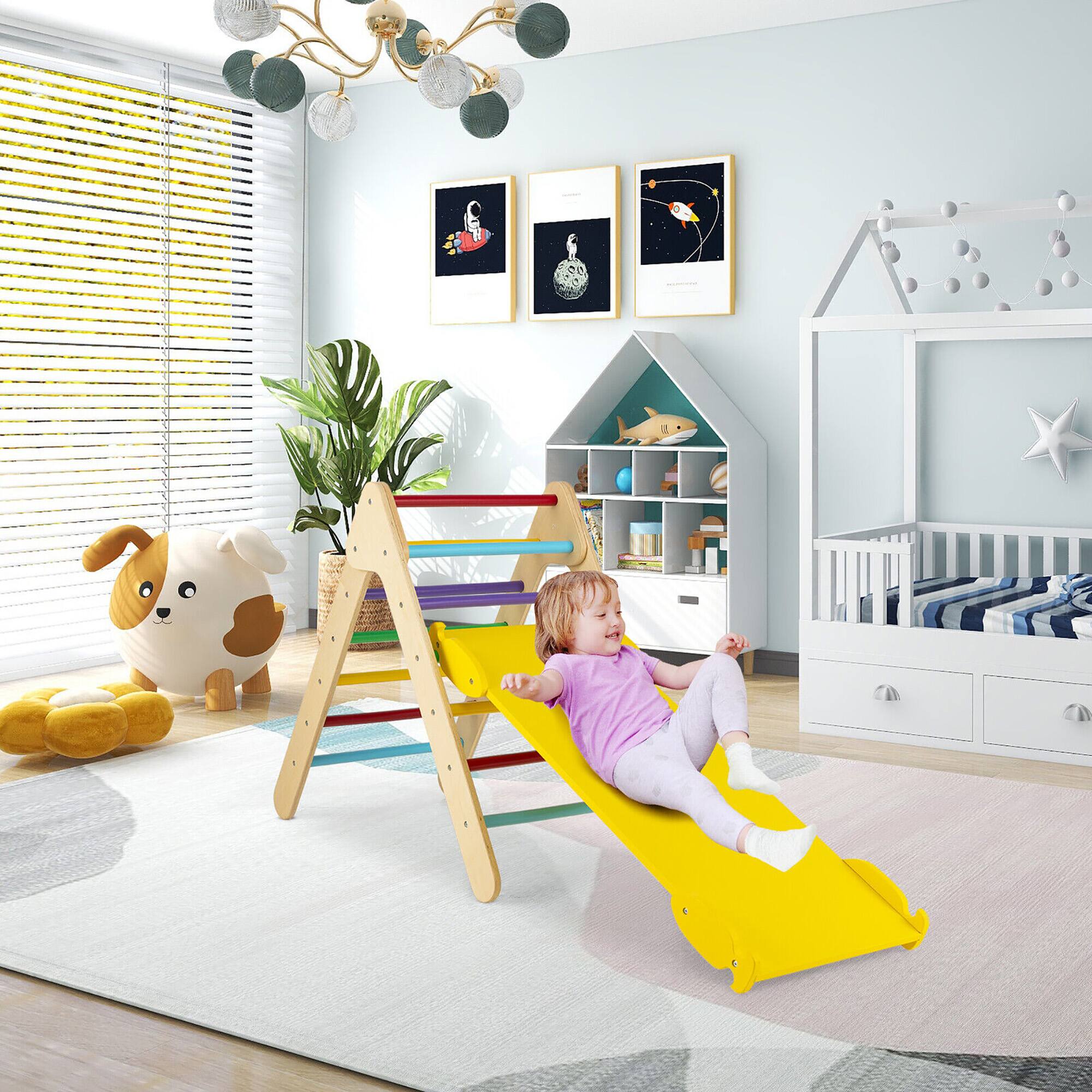 Alt View 1. Costway - Costway 3-in-1 Wooden Climbing Triangle Set Triangle Climber w/ Ramp - Multicolor.