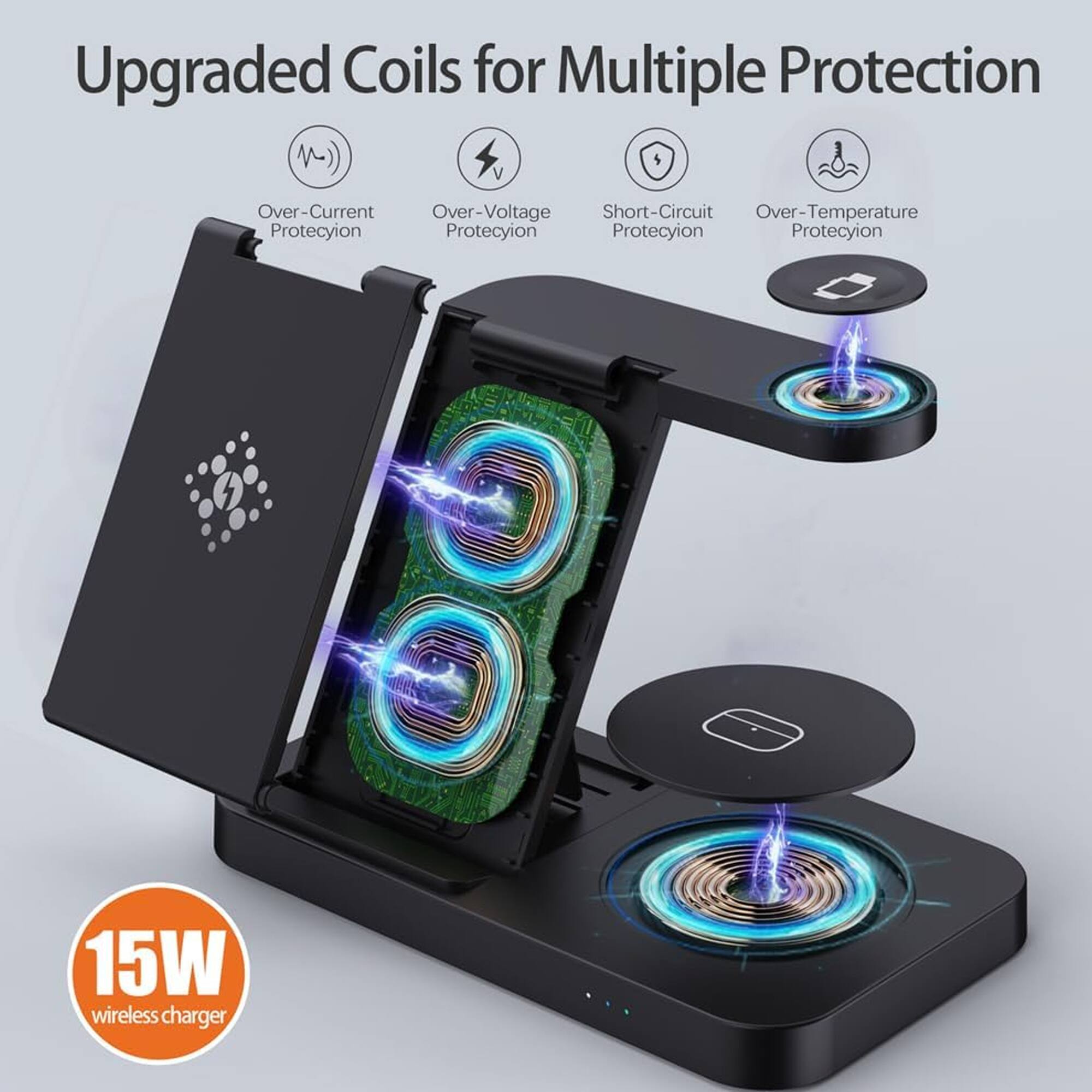 Upgraded Coils for Multiple Protection  
- Over-Current Protection  
- Over-Voltage Protection  
- Short-Circuit Protection  
- Over-Temperature Protection  

15W wireless charger