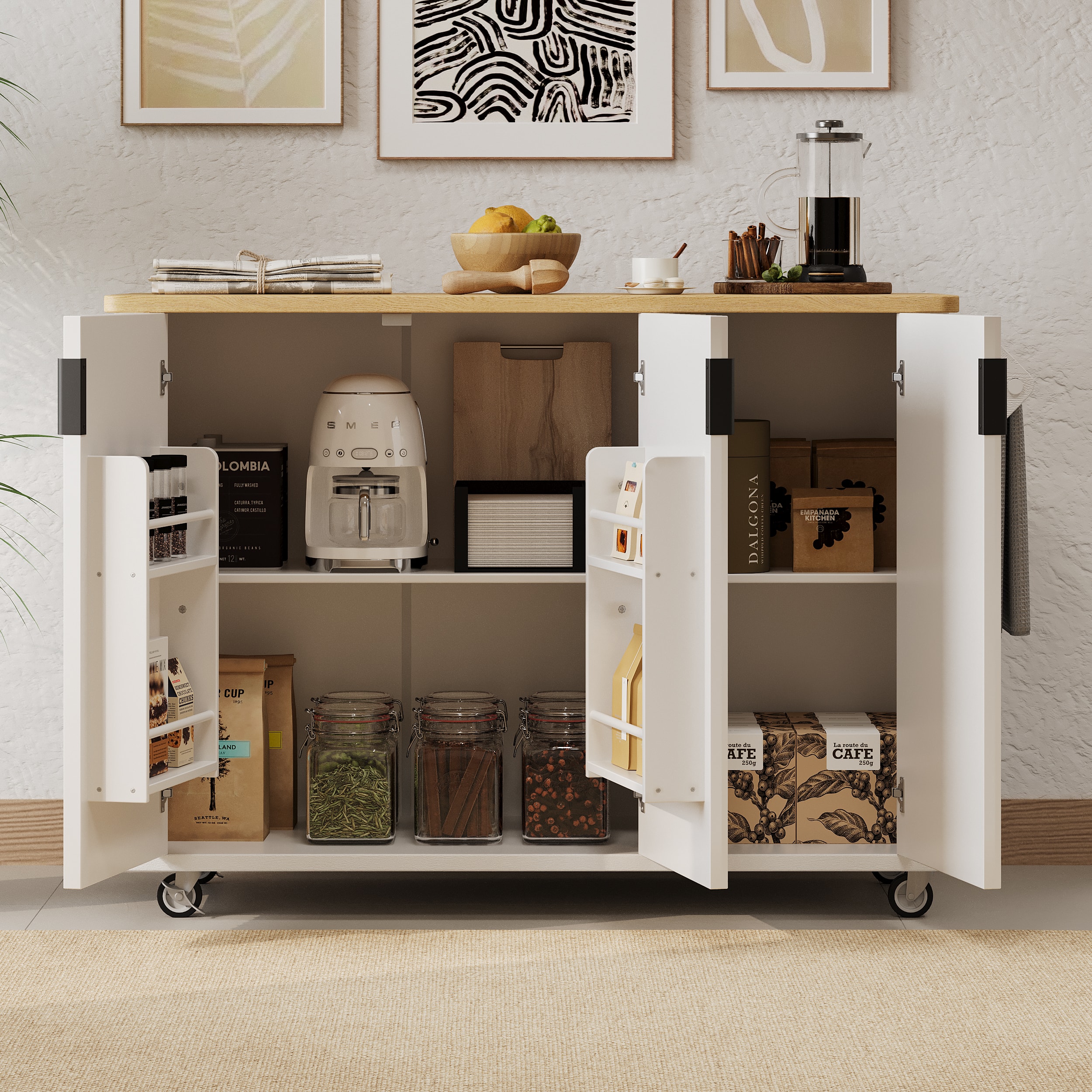 PexFix - 51" Fluted Farmhouse Kitchen Island with Drop Leaf - Rolling Cart with Internal Rack, Towel Rack & Lockable Wheels - White