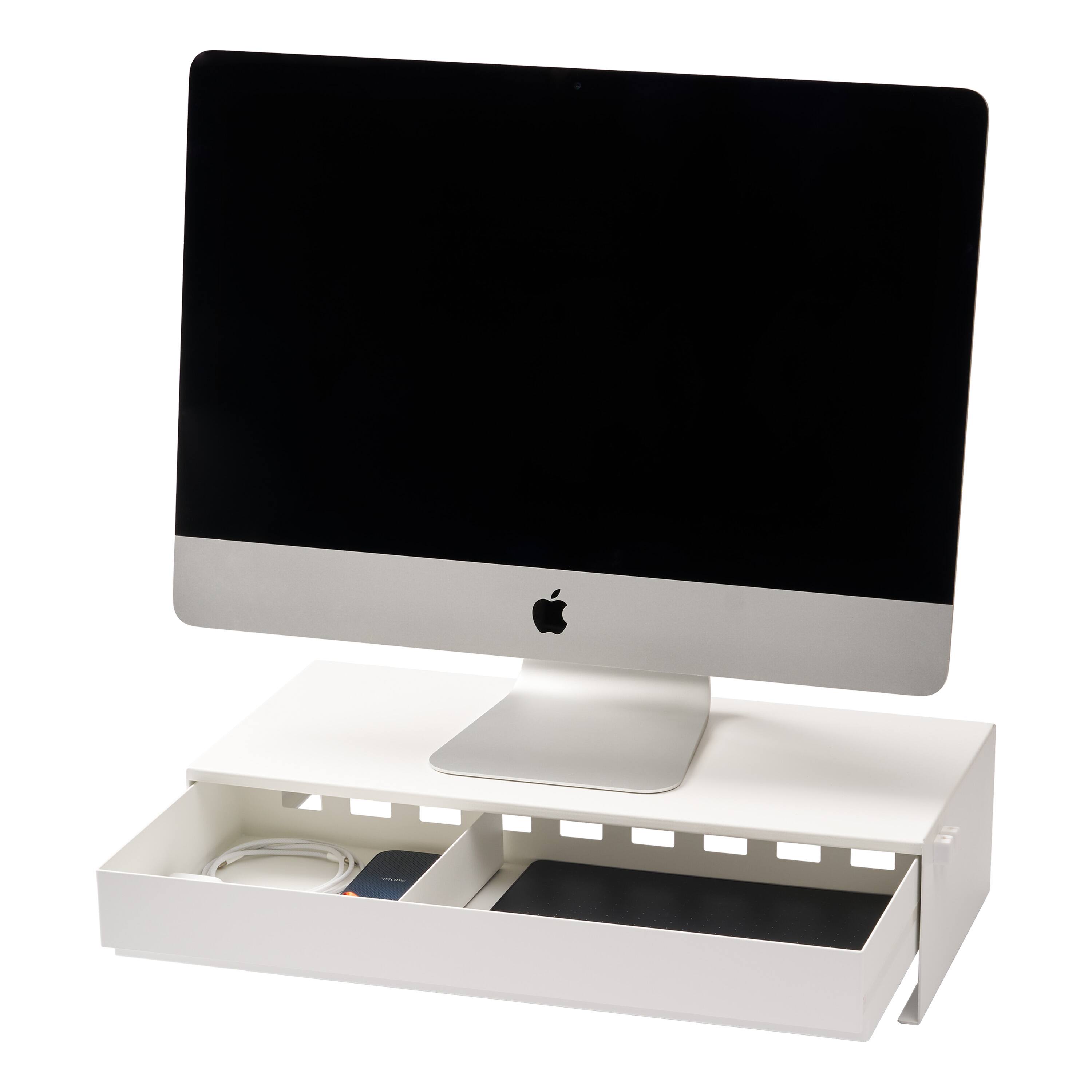 Angle. Yamazaki Home - Monitor Stand With Drawer - Steel - White.