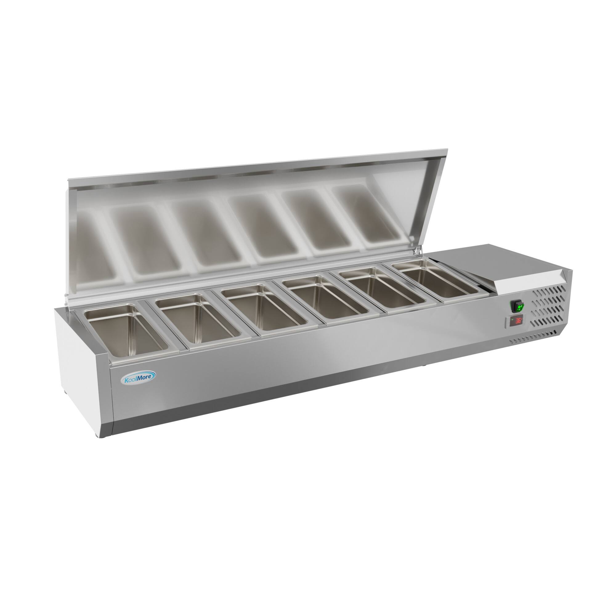Angle. Koolmore - 59 in. Six Pan Refrigerated Countertop Condiment Prep Station - SCDC-6P-SSL - Stainless-Steel.