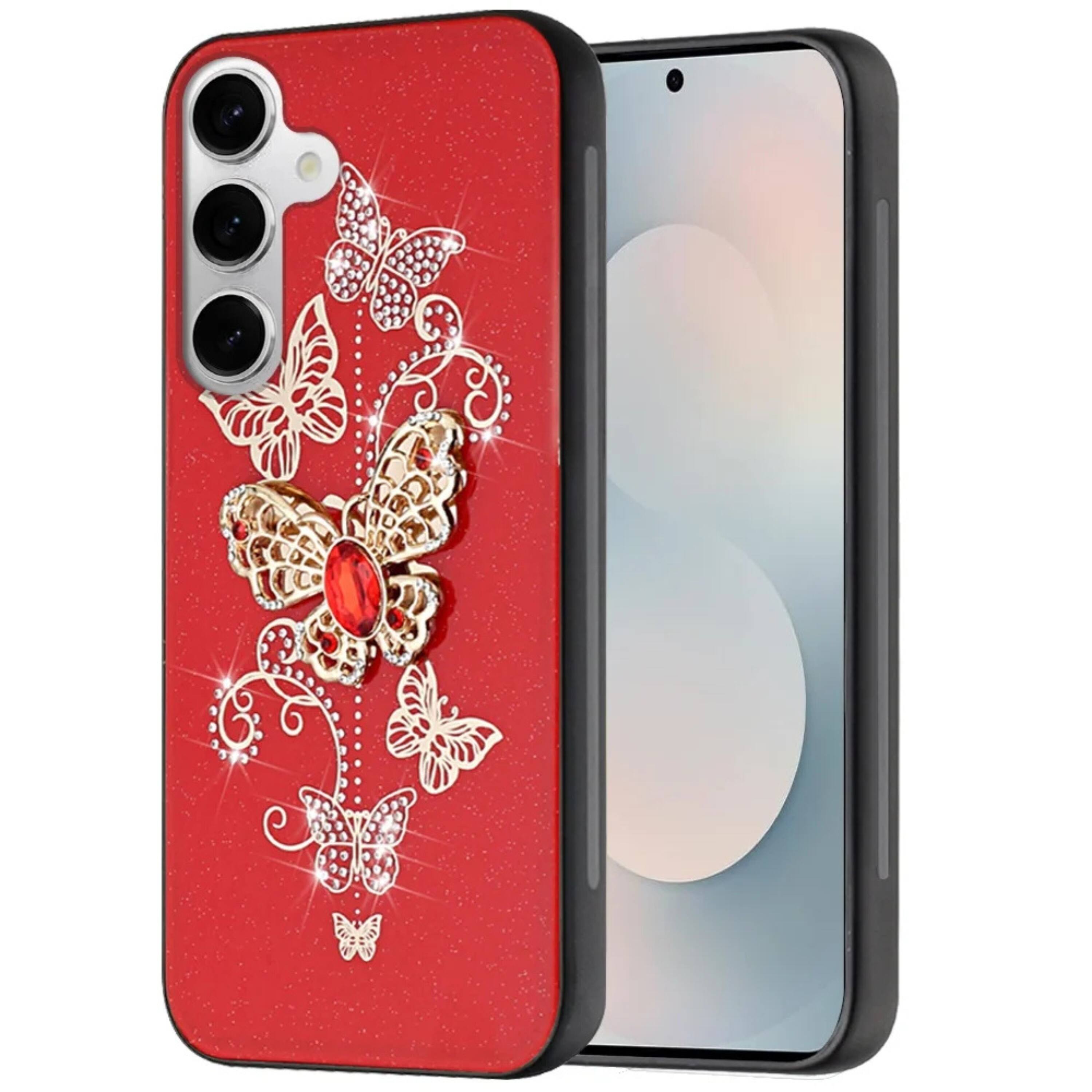 Angle. Kitcheniva - Sparkling Rhinestone Decorative Phone Case With Tempered Glass For Samsung S25 FE Garden Red - Red.