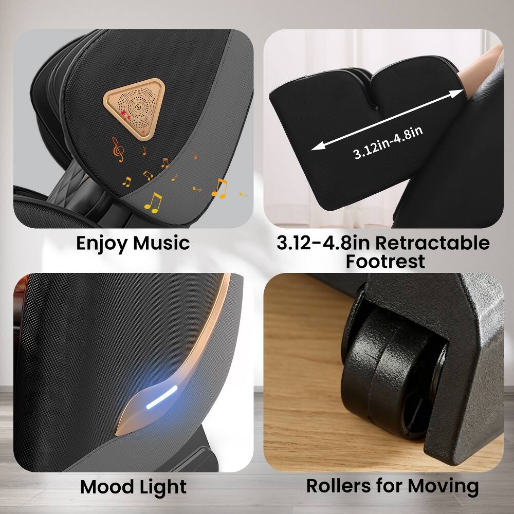 3.12in-4.8in

Enjoy Music

3.12-4.8in Retractable Footrest

Mood Light

Rollers for Moving