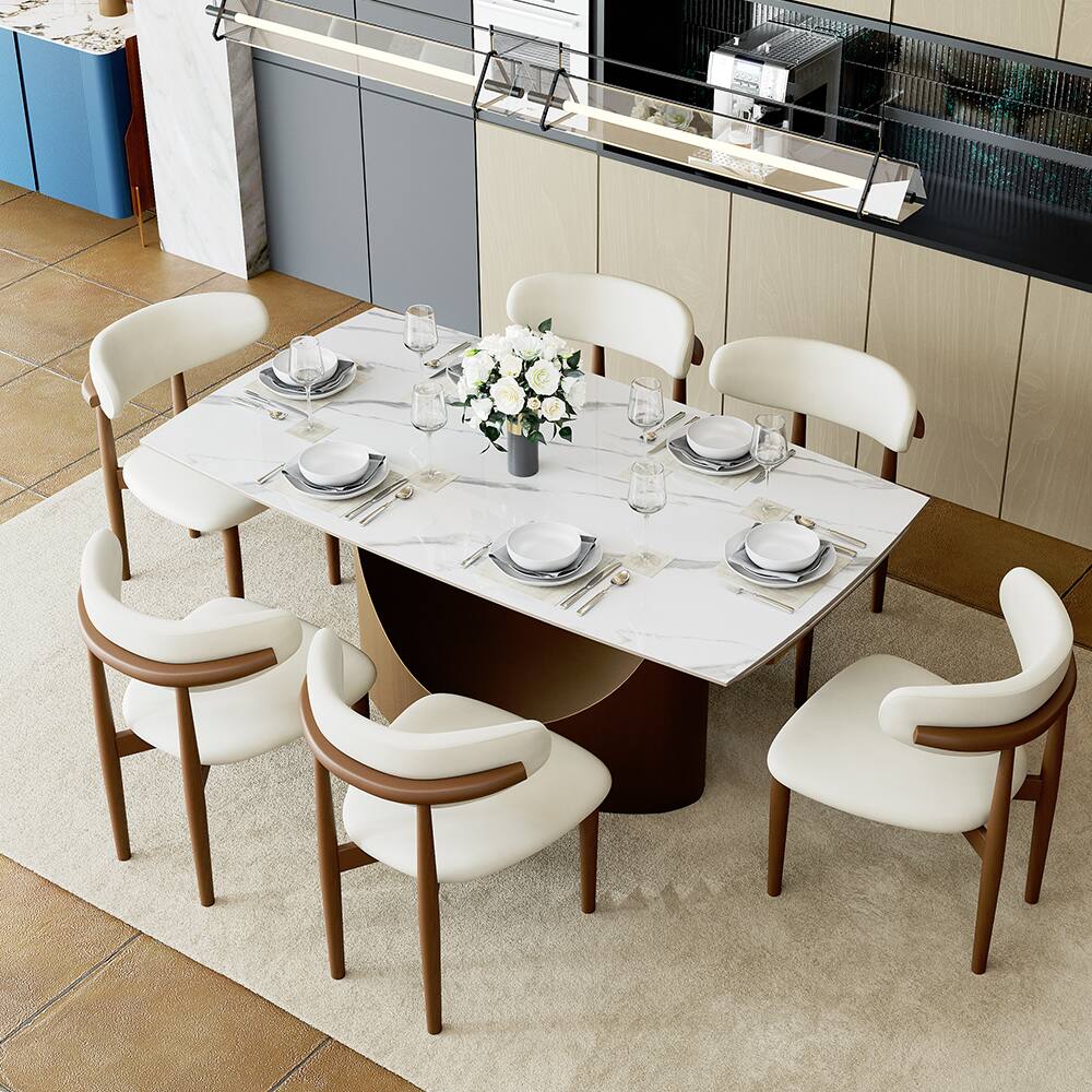 Alt View 7. POVISON - 71"-95"Extendable Modern White Dining Table for 6-10,Rectangular Glossy Sintered Stone Tabletop,Bronze Carbon Steel Leg - Glossy White Sintered Stone with Bronze.