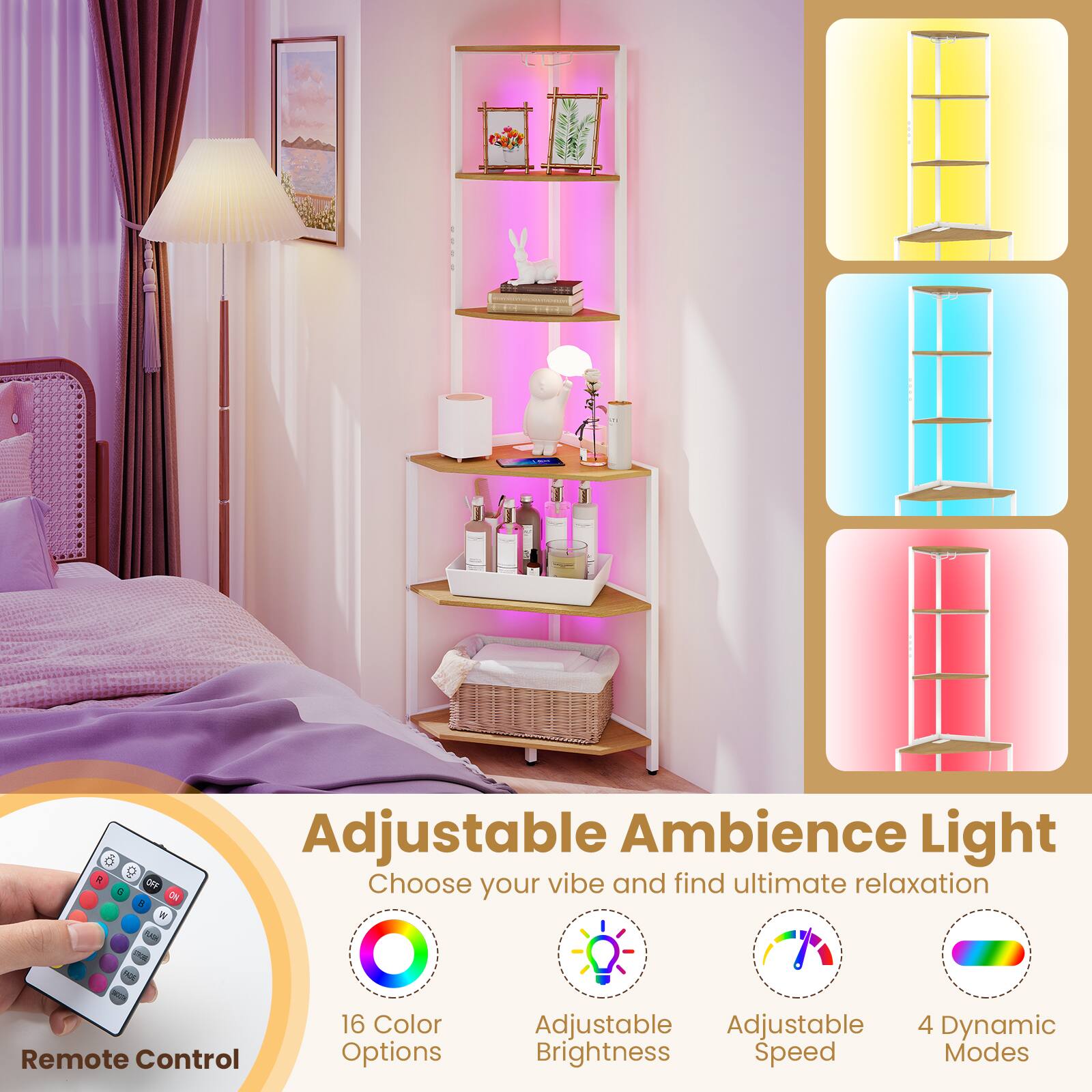 Adjustable Ambience Light  
Choose your vibe and find ultimate relaxation  

- Remote Control  
- 16 Color Options  
- Adjustable Brightness  
- Adjustable Speed  
- 4 Dynamic Modes