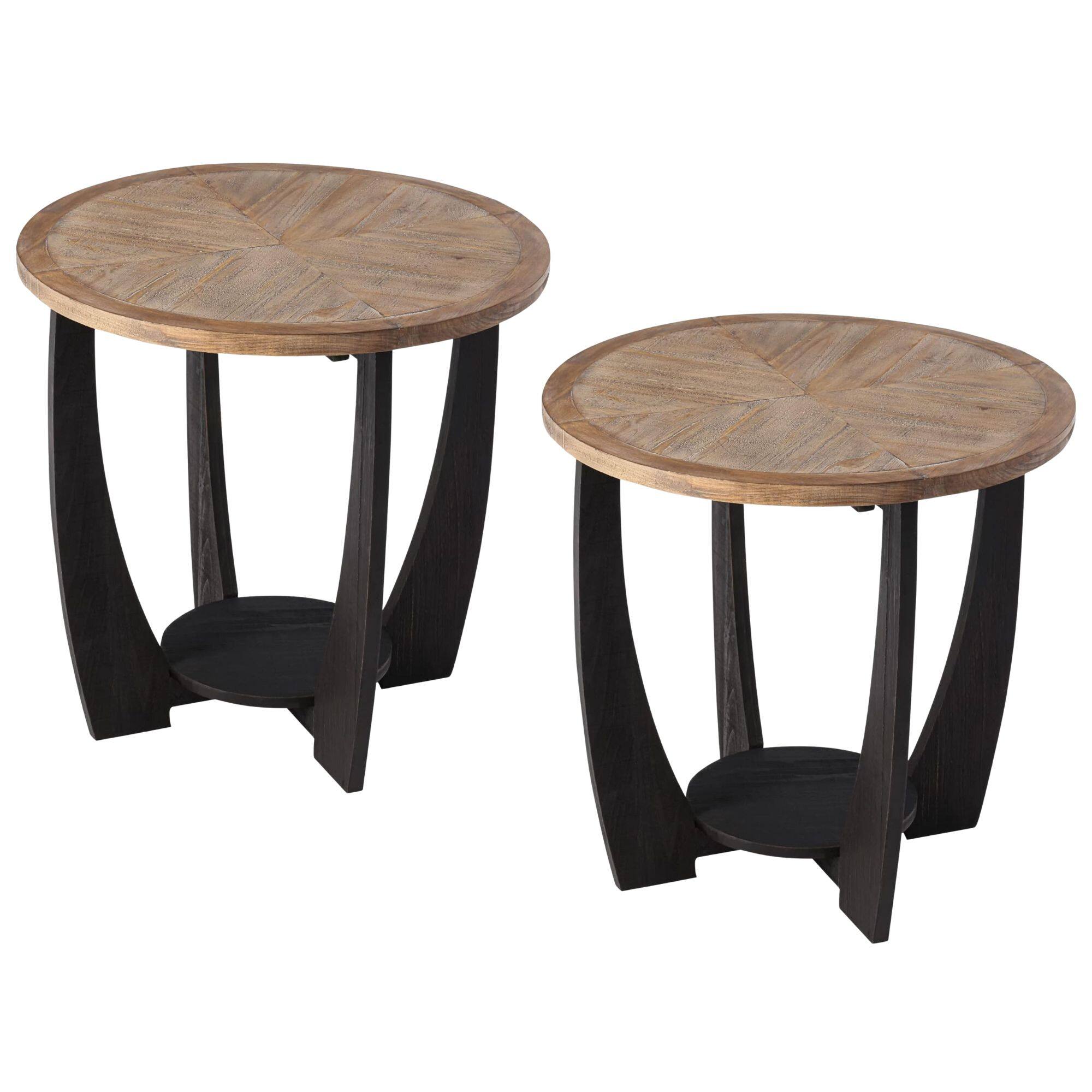 COZAYH - Rustic Farmhouse Round End Table, Storage Shelf for Living Room, Set of 2 - Black & Wood
