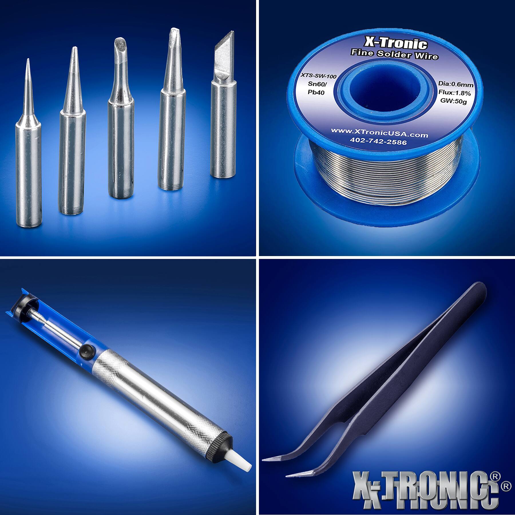 X-Tronic Fine Solder Wire  
XTS-SW-100 Sn60/Pb40  
Dia: 0.6mm Flux: 1.8% GW: 50g  
www.XTronicUSA.com 402-742-2586  
X-TRONIC®