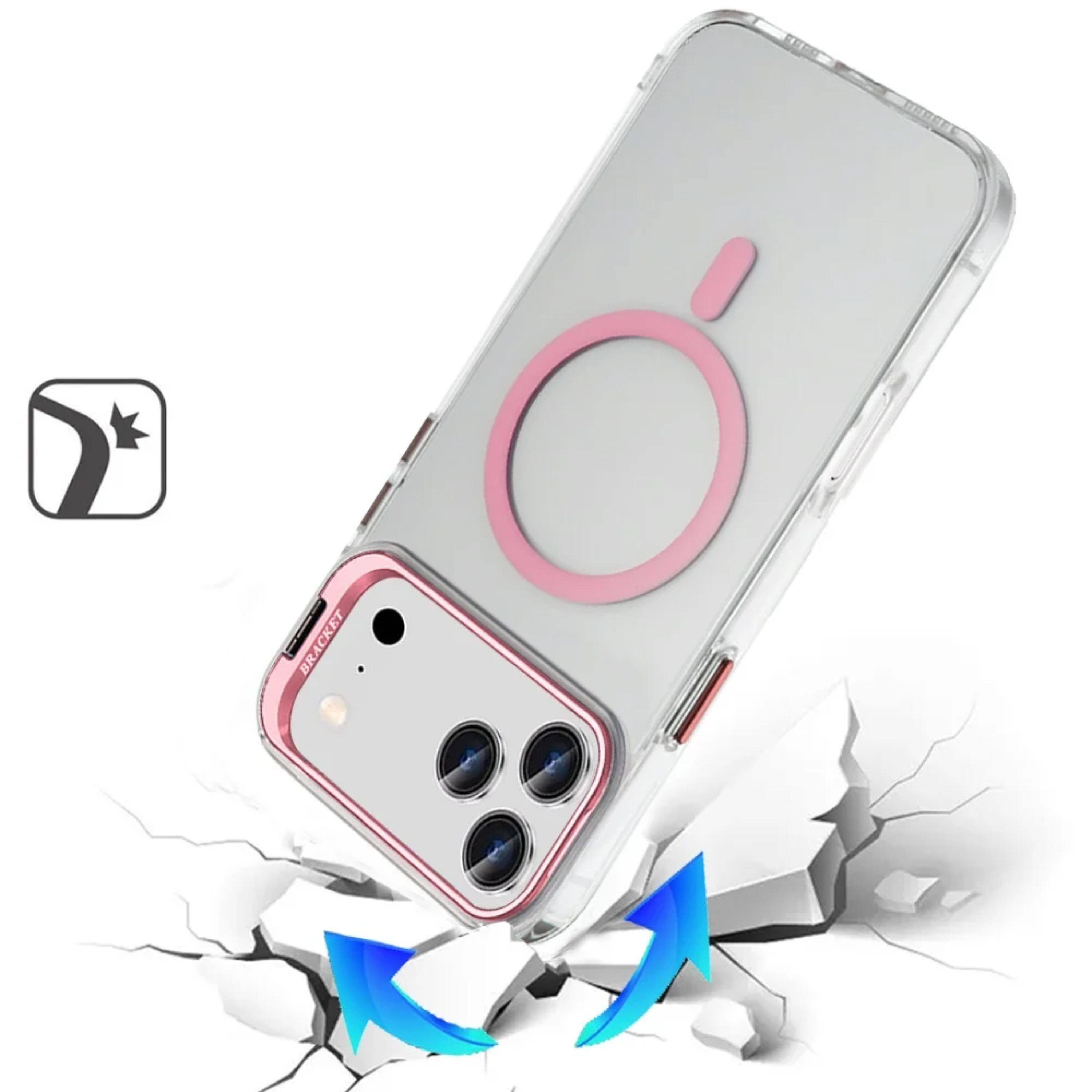 Left. Kitcheniva - Metallic Camera Stand With Magnetic Circle Plus Tempered Glass For iPhone 17 Pro Pink - Pink.