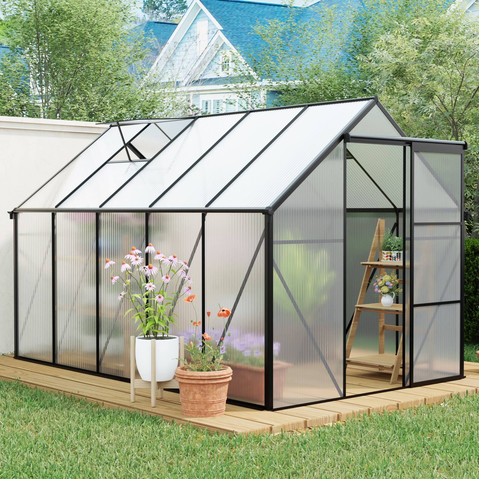 Front. Mondawe - 6X10FT Aluminum Polycarbonate Greenhouse - Black.