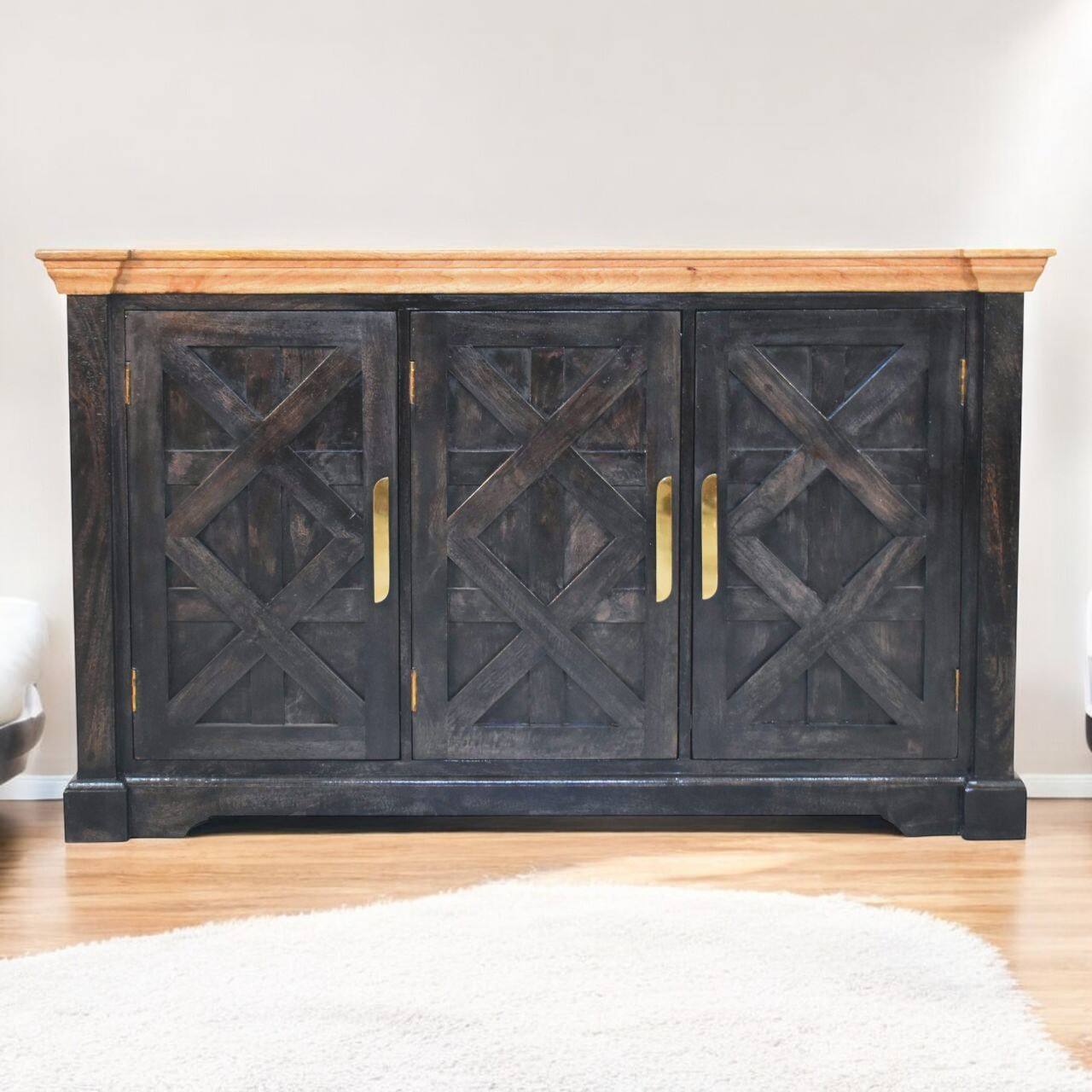 Angle. Artisan Furniture - Artisan Furniture Solid Wood Regal Ash Black Rustic Sideboard, 3 Doors, Black - Black.