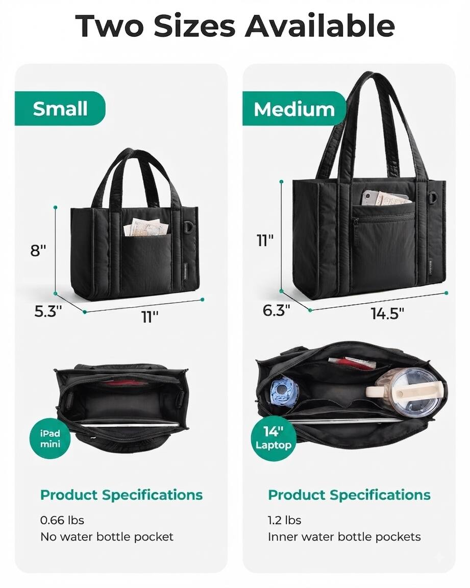 Two Sizes Available

Small
- 8"
- 5.3"
- 11"

Medium
- 11"
- 6.3"
- 14.5"

iPad mini
14" Laptop

Product Specifications
- 0.66 lbs
- No water bottle pocket

Product Specifications
- 1.2 lbs
- Inner water bottle pockets