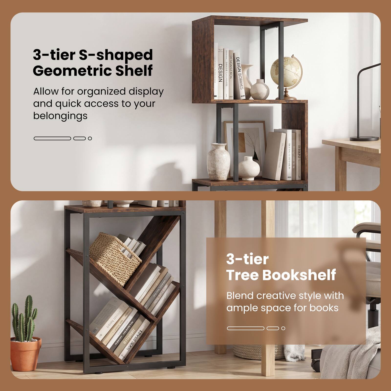 3-tier S-shaped Geometric Shelf  
Allow for organized display and quick access to your belongings  

3-tier Tree Bookshelf  
Blend creative style with ample space for books