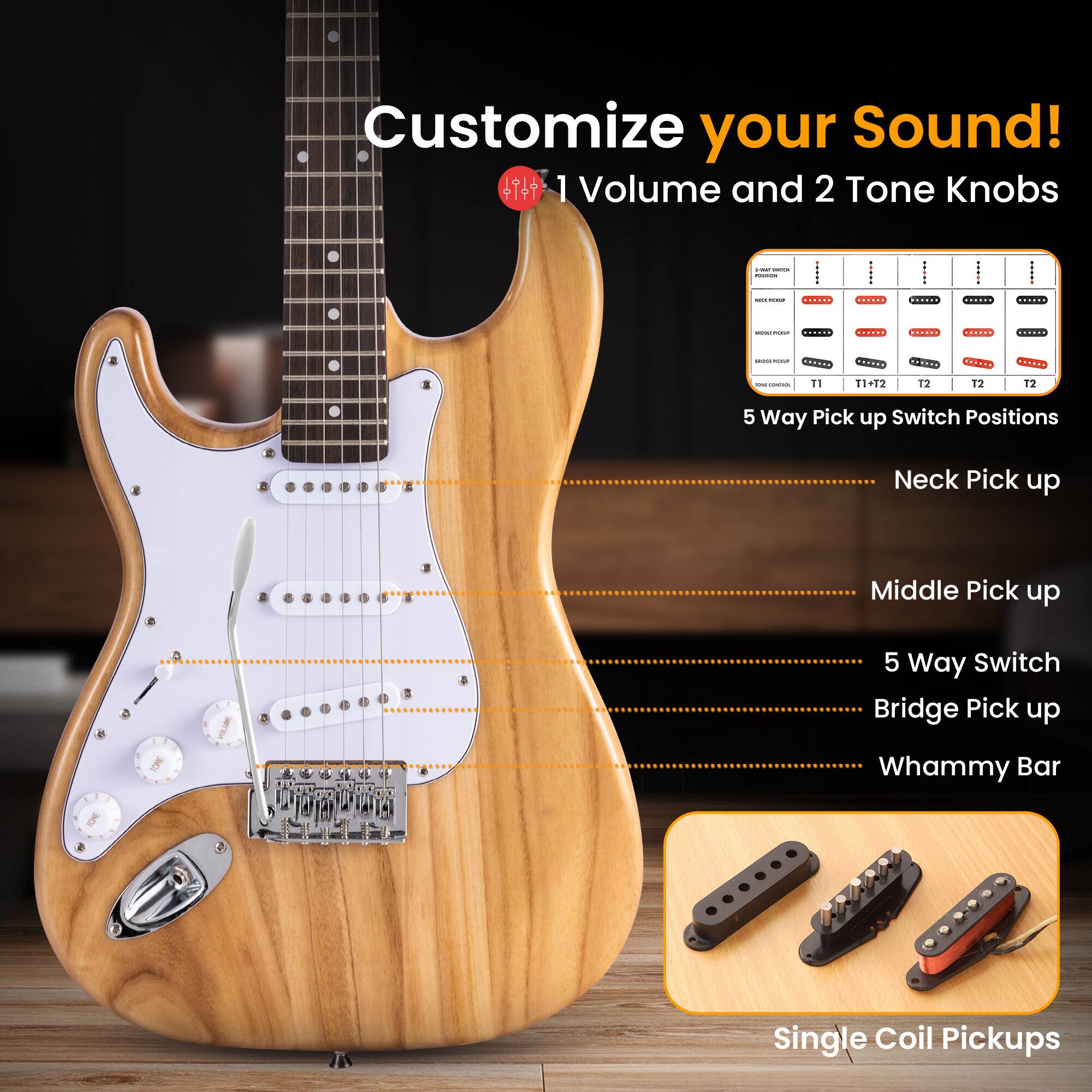 Customize your Sound!  
1 Volume and 2 Tone Knobs

- KING MOUNDA
- MOLIVIE
- BIGOULPLAGE

5 Way Pick up Switch Positions  
Neck Pick up  
Middle Pick up  
1 TONE  
TONE  
5 Way Switch Bridge Pick up  
Whammy Bar  
Single Coil Pickups