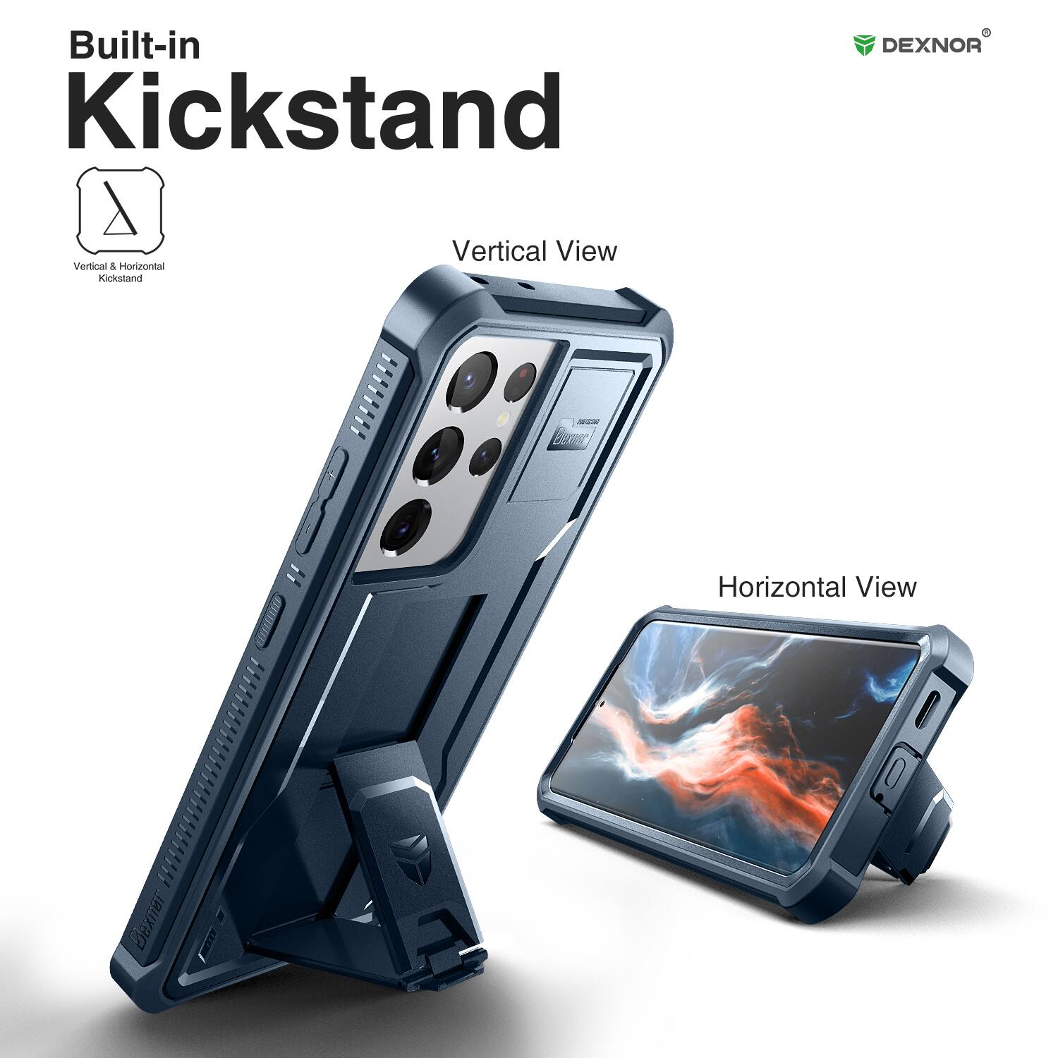 Built-in Kickstand, Vertical View, Horizontal View, DEXNOR