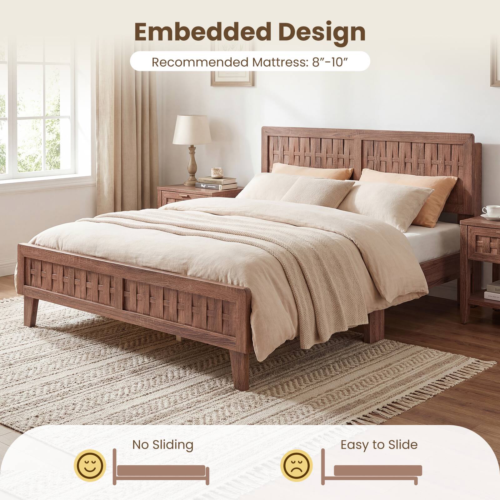 Embedded Design  
Recommended Mattress: 8"-10"  

No Sliding  
Easy to Slide