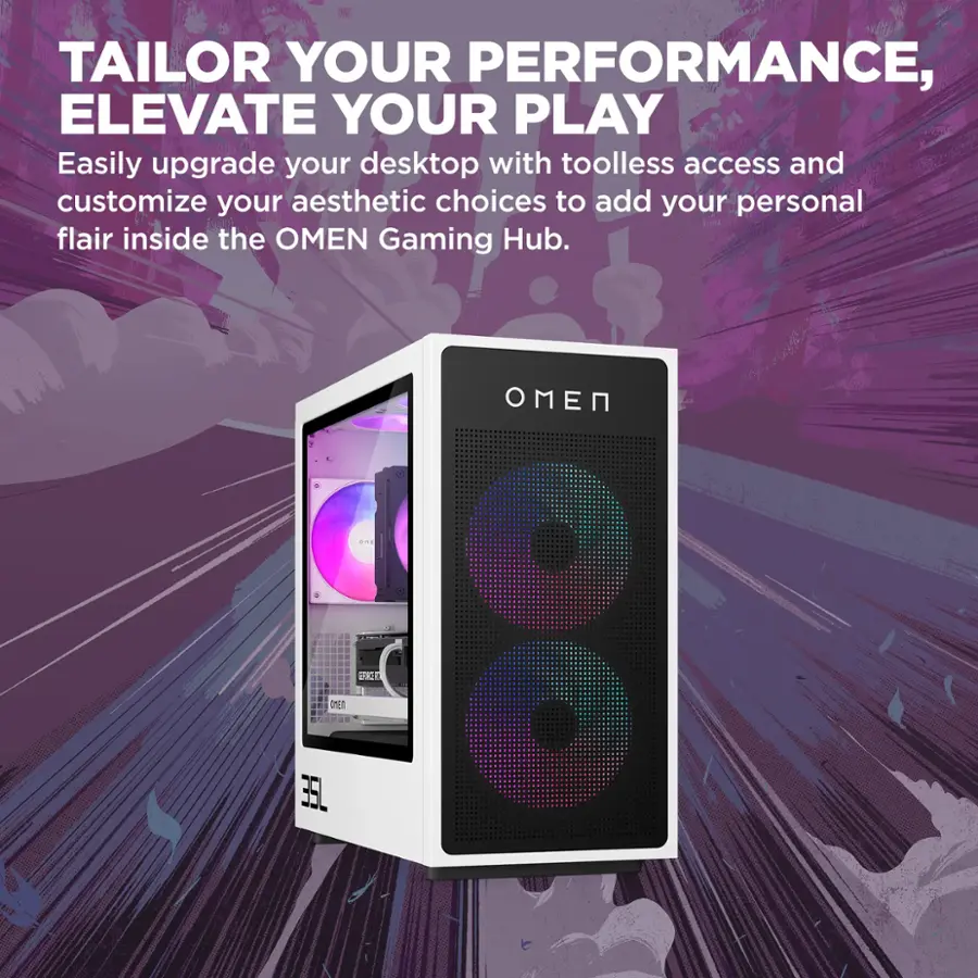 Tailor Your Performance, Elevate Your Play. Easily upgrade your desktop with toolless access and customize your aesthetic choices to add your personal flair inside the OMEN Gaming Hub.